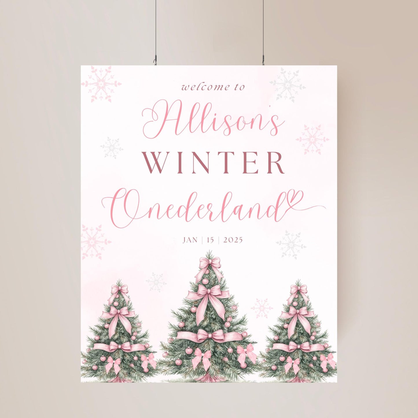 Pink Winter ONEderland Welcome Sign 1st Birthday Girls Winter Onderland Decor Pink Bow Coquette Snowflake Sign Holiday first Birthday