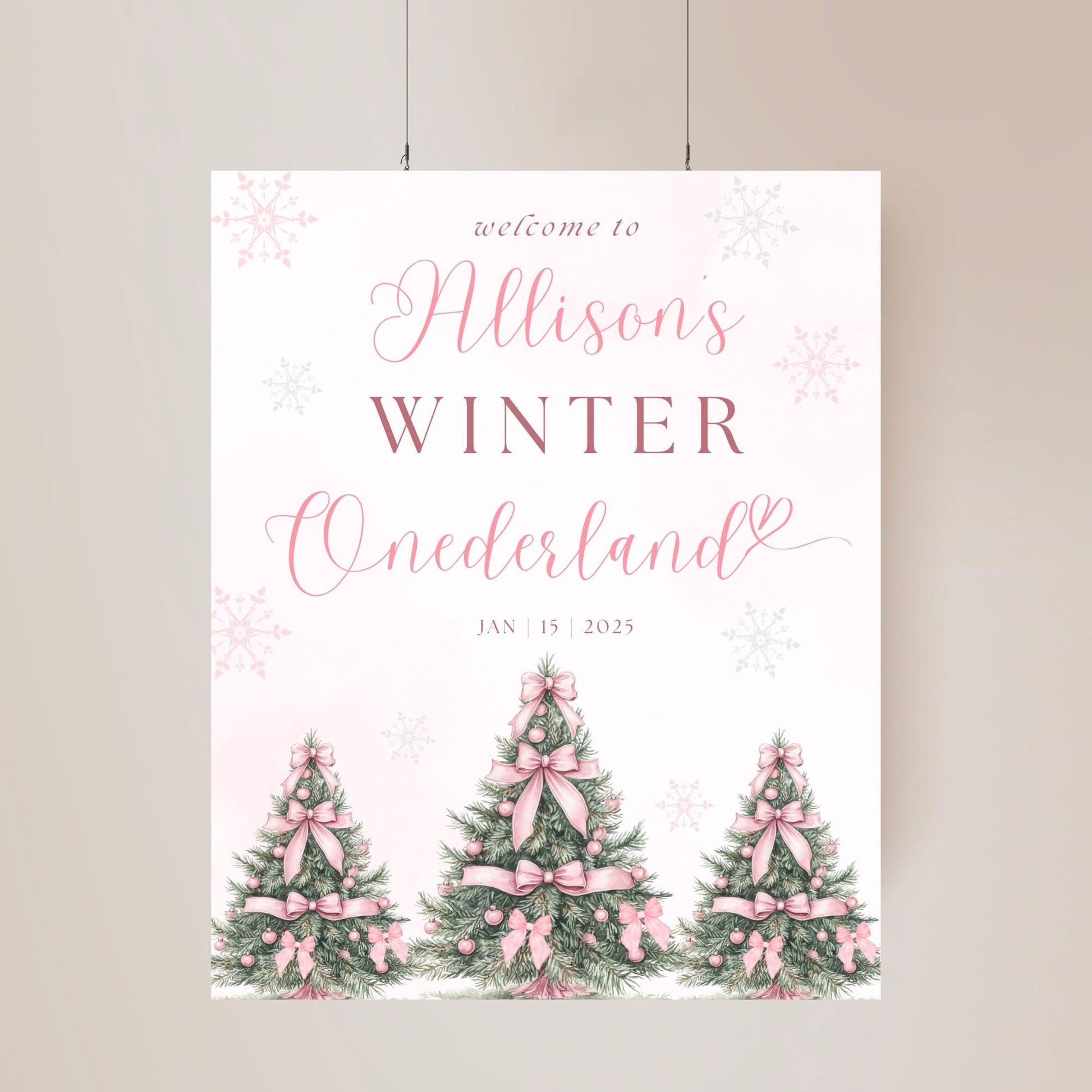 Pink Winter ONEderland Welcome Sign 1st Birthday Girls Winter Onderland Decor Pink Bow Coquette Snowflake Sign Holiday first Birthday