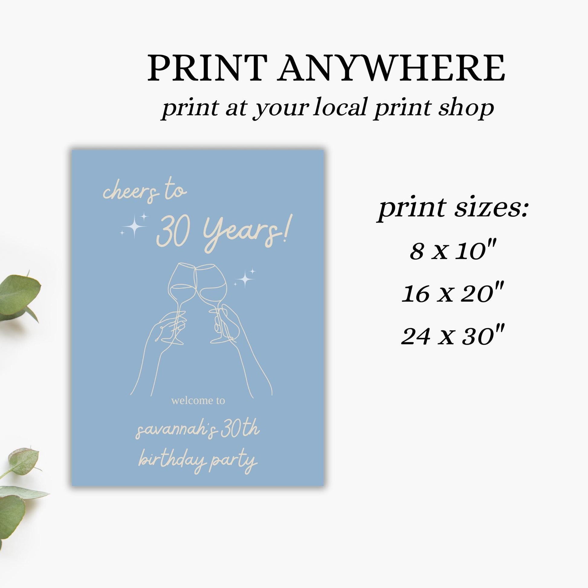 Cheers to 30 Years Welcome Sign Aesthetic Birthday Welcome Sign Modern Birthday Welcome Sign Template Blue Birthday Decor Wine Birthday