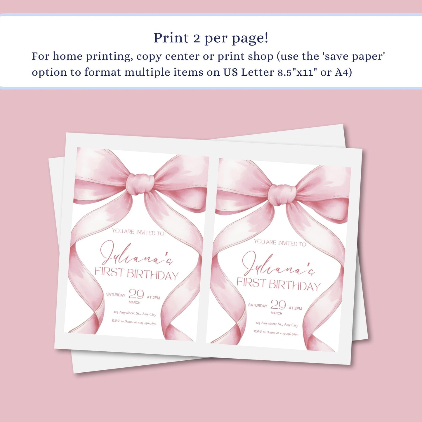 Pink Bow Birthday Invitation 1st Birthday Girls Just Wanna Be ONE First Birthday Invite Pink Bow Invitation Template Coquette Aesthetic
