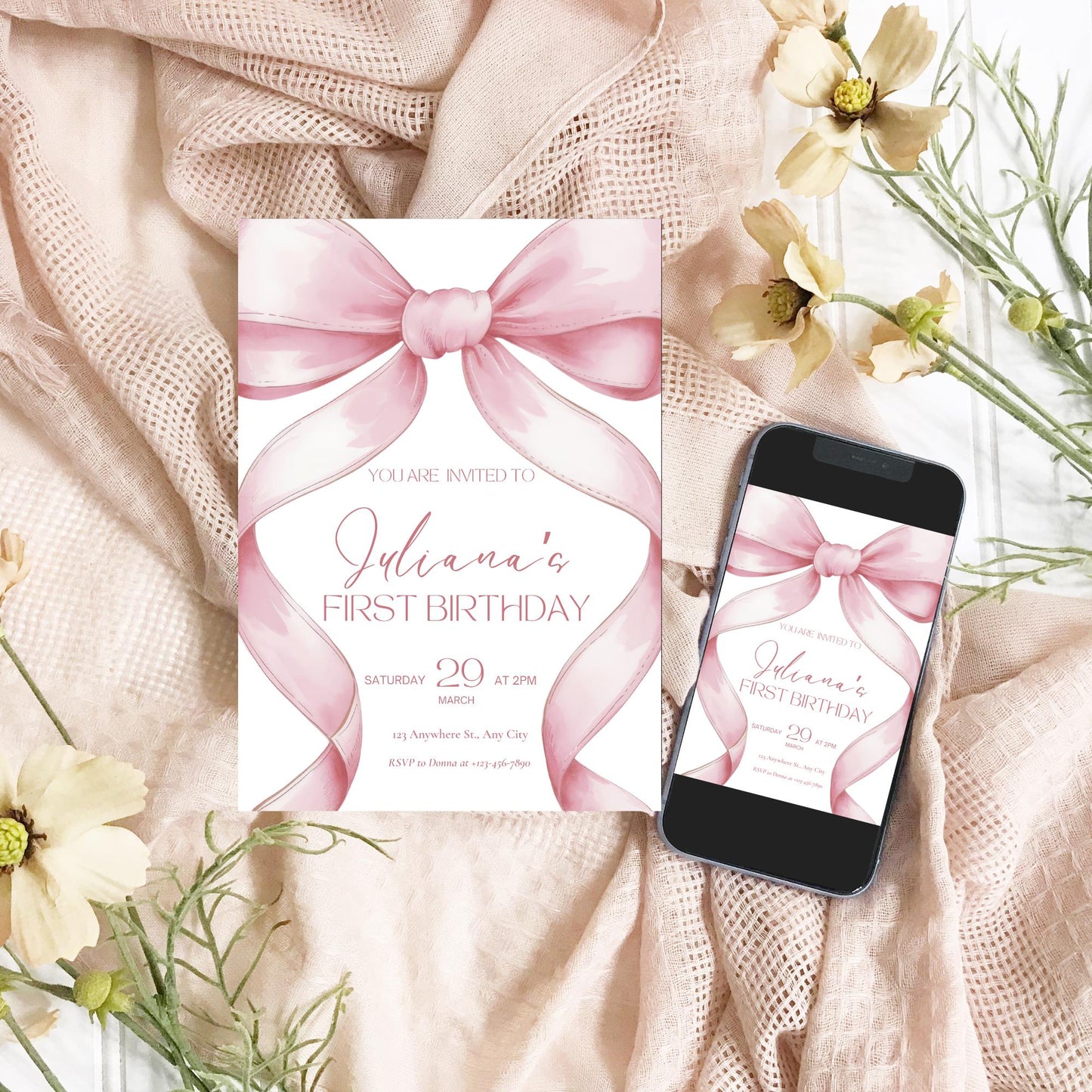 Pink Bow Birthday Invitation 1st Birthday Girls Just Wanna Be ONE First Birthday Invite Pink Bow Invitation Template Coquette Aesthetic