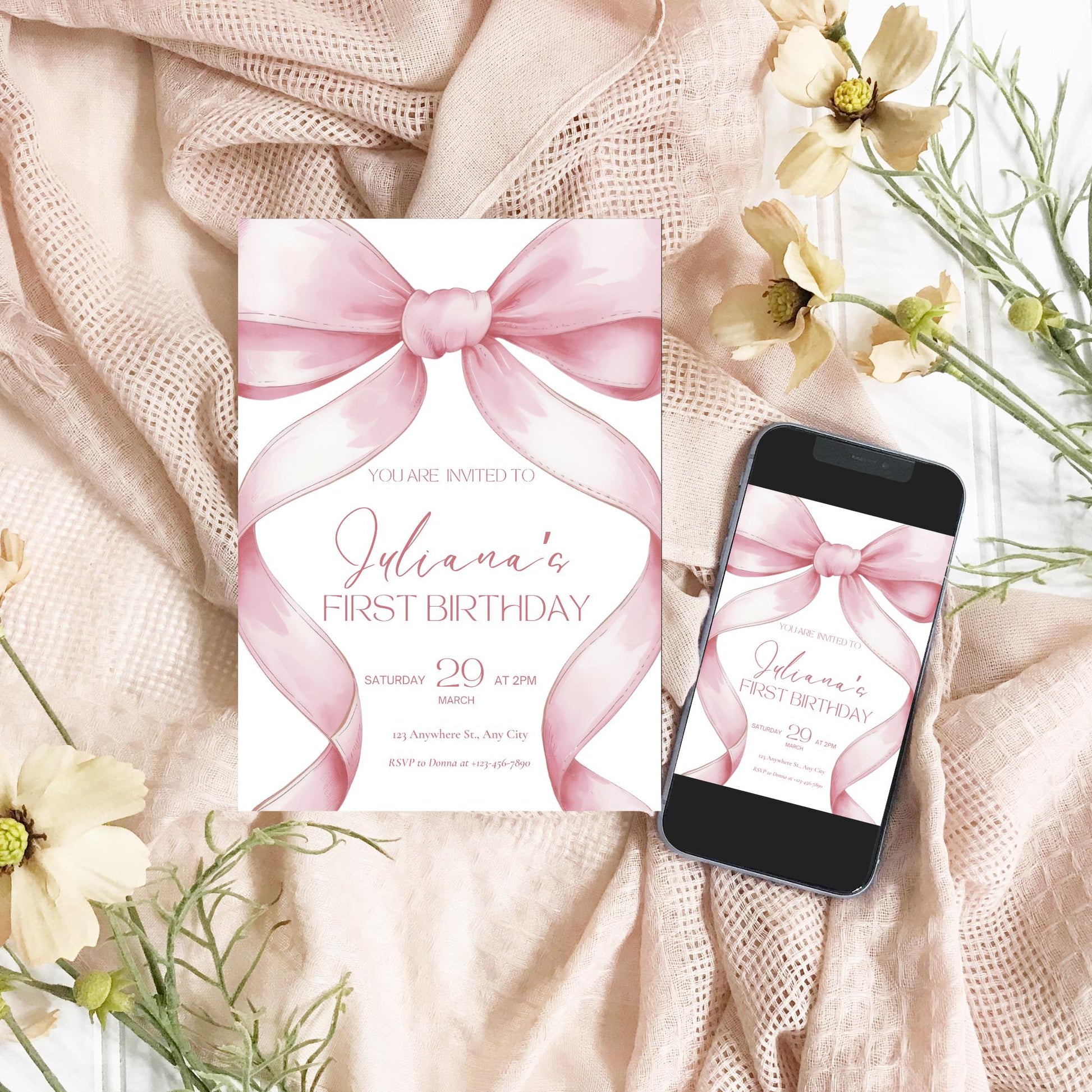 Pink Bow Birthday Invitation 1st Birthday Girls Just Wanna Be ONE First Birthday Invite Pink Bow Invitation Template Coquette Aesthetic