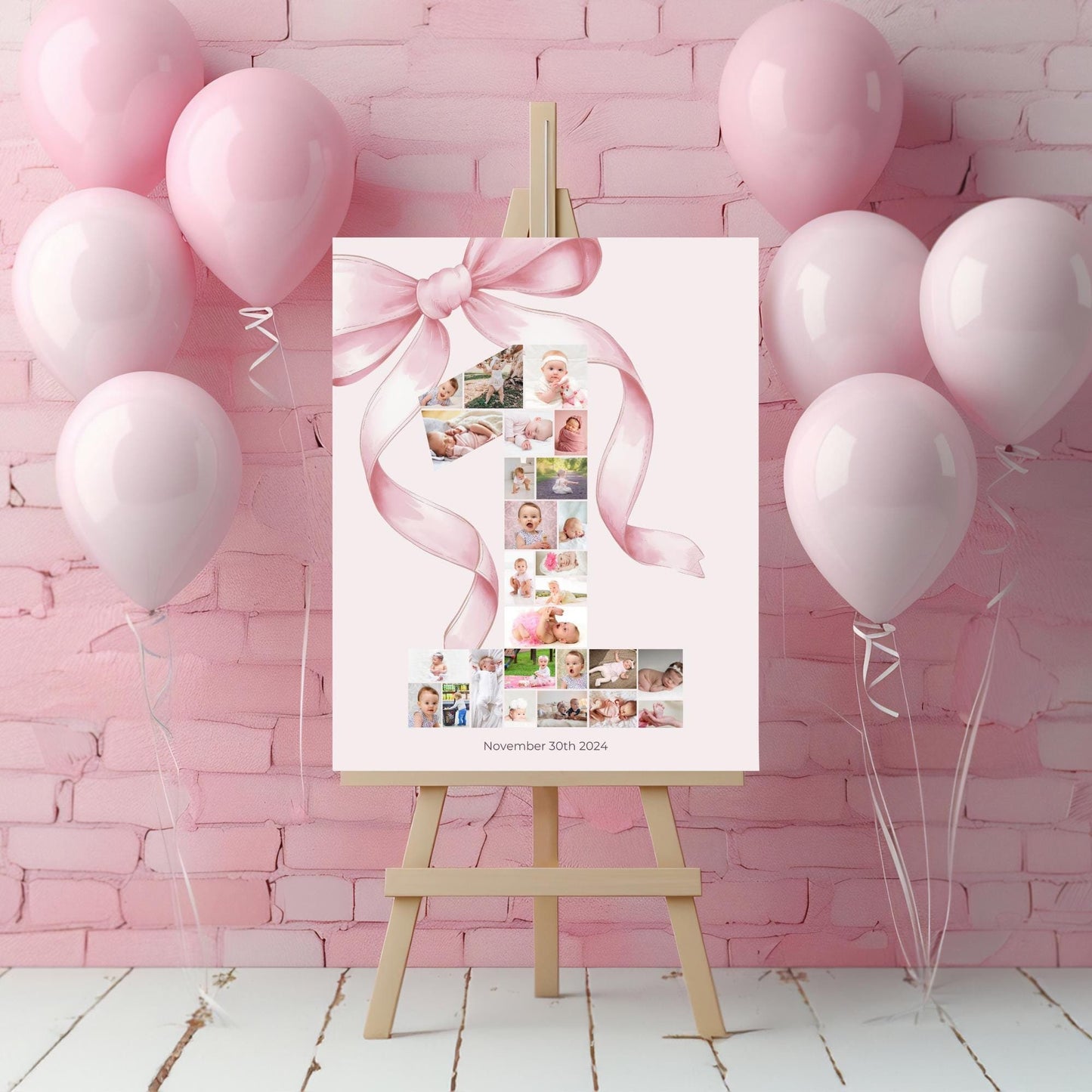 Pink Bow First Birthday Sign Photo Collage Editable Girls just wanna be One Monthly Banner coquette   Photo Banner Milestone photo sign