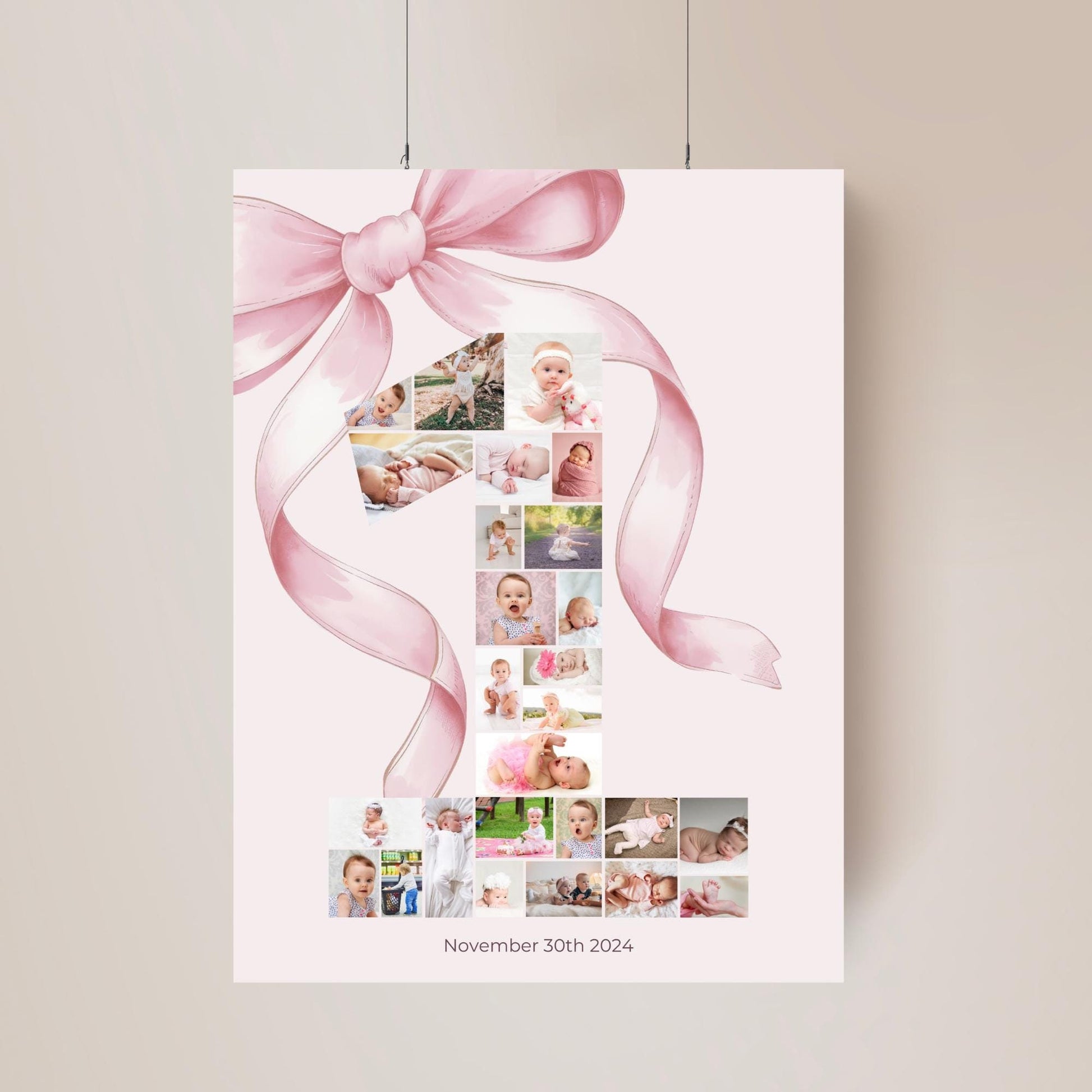 Pink Bow First Birthday Sign Photo Collage Editable Girls just wanna be One Monthly Banner coquette   Photo Banner Milestone photo sign