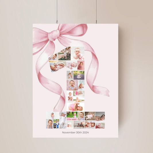 Pink Bow First Birthday Sign Photo Collage Editable Girls just wanna be One Monthly Banner coquette   Photo Banner Milestone photo sign