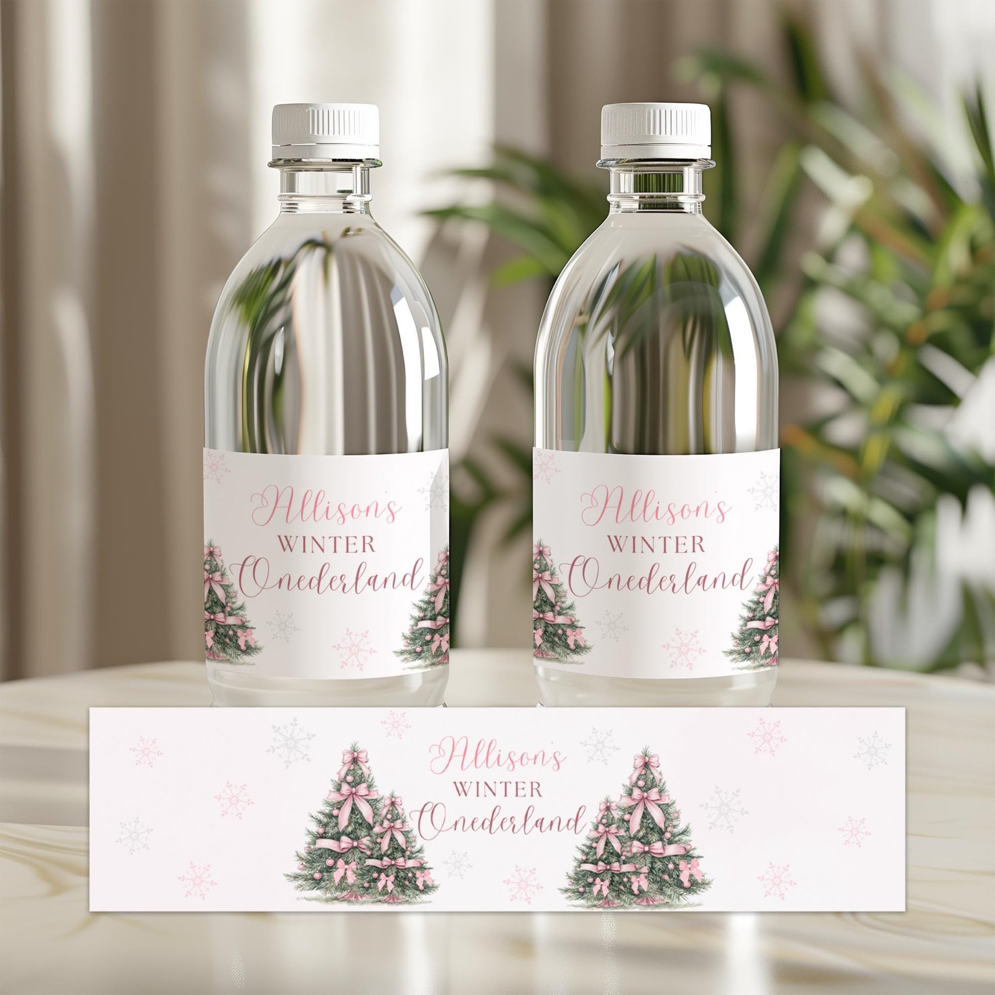 Winter ONEderland First Birthday Bottle Label Snow much fun to be One Water Labels Pink Bow Girls 1st Birthday Drink Label Template