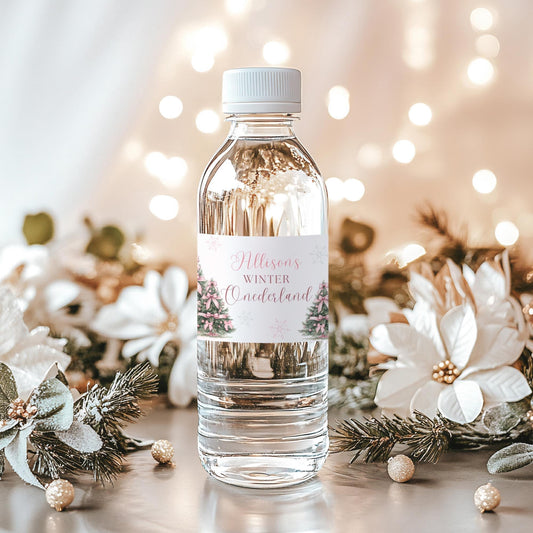 Winter ONEderland First Birthday Bottle Label Snow much fun to be One Water Labels Pink Bow Girls 1st Birthday Drink Label Template