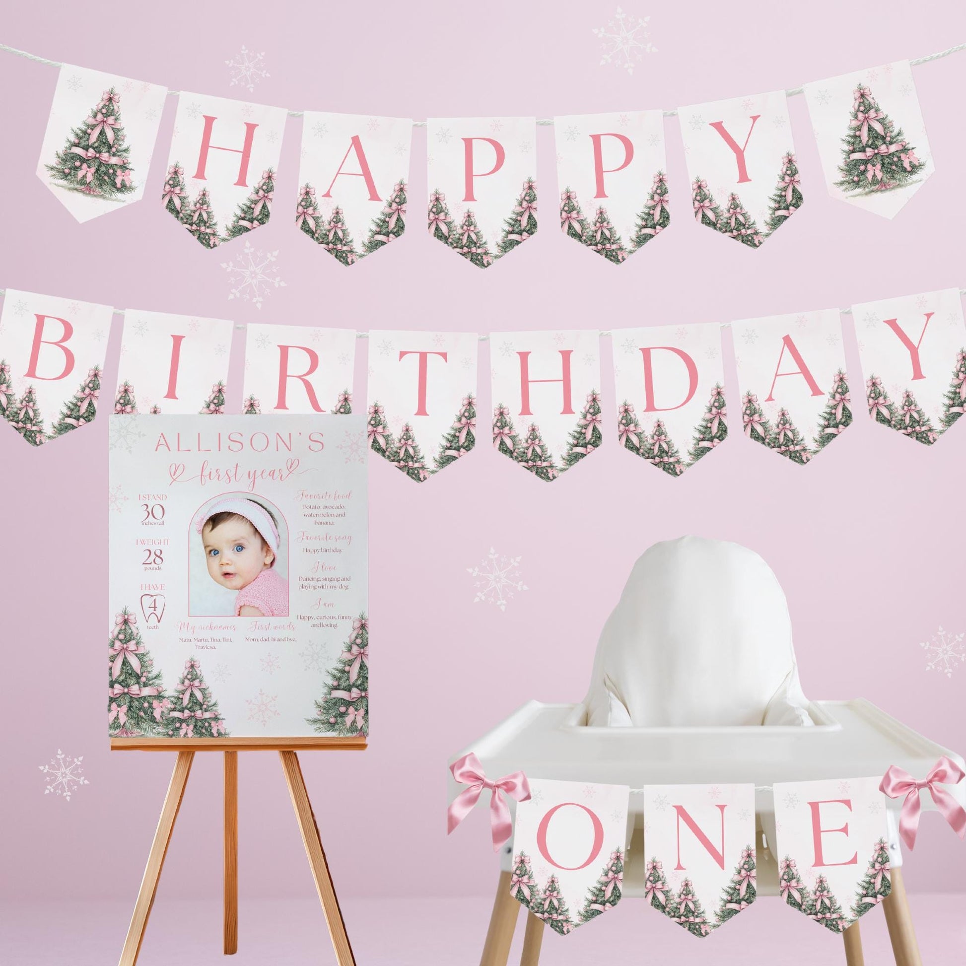 Winter ONEderland Birthday Banner Pink Christmas Girl 1st Birthday Sign First ONEderland Party with Pink Bows Holiday Birthday Snowflake
