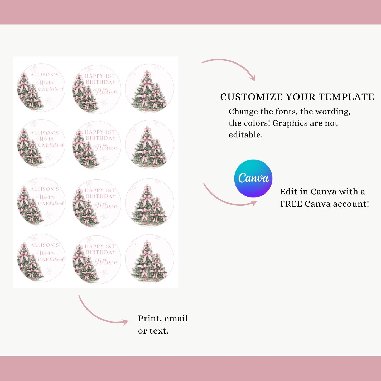 Winter ONEderland Birthday Cupcake Topper Pink Bow Winter Wonderland First Birthday Cake Decor Girl 1st Party Snowflake Oh what fun One