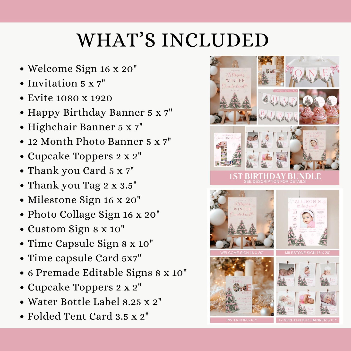Winter ONEderland Birthday Party Bundle Pink Christmas Girl 1st Birthday First ONEderland Party with Photo Holiday Birthday Pink Bow Bundle
