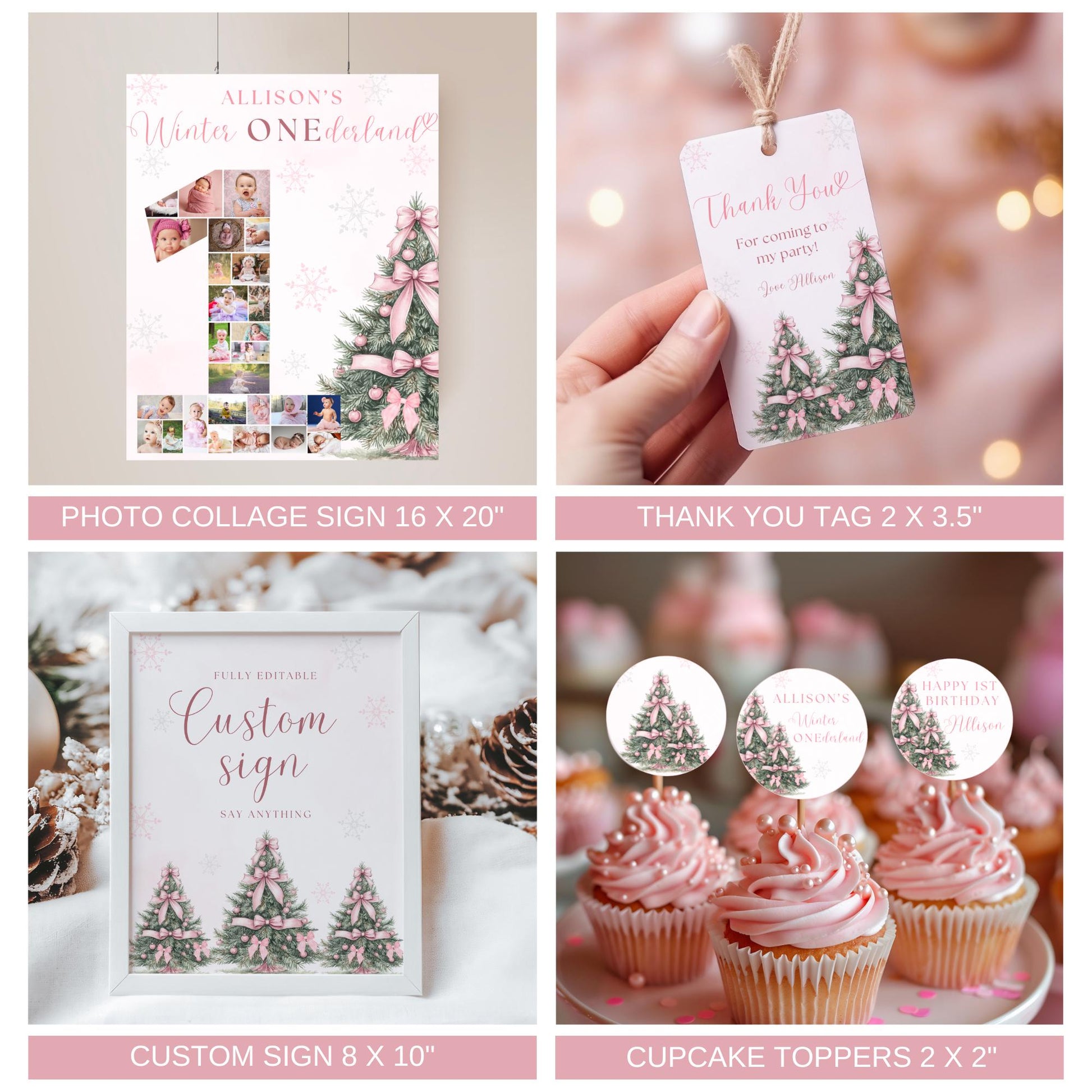 Winter ONEderland Birthday Party Bundle Pink Christmas Girl 1st Birthday First ONEderland Party with Photo Holiday Birthday Pink Bow Bundle