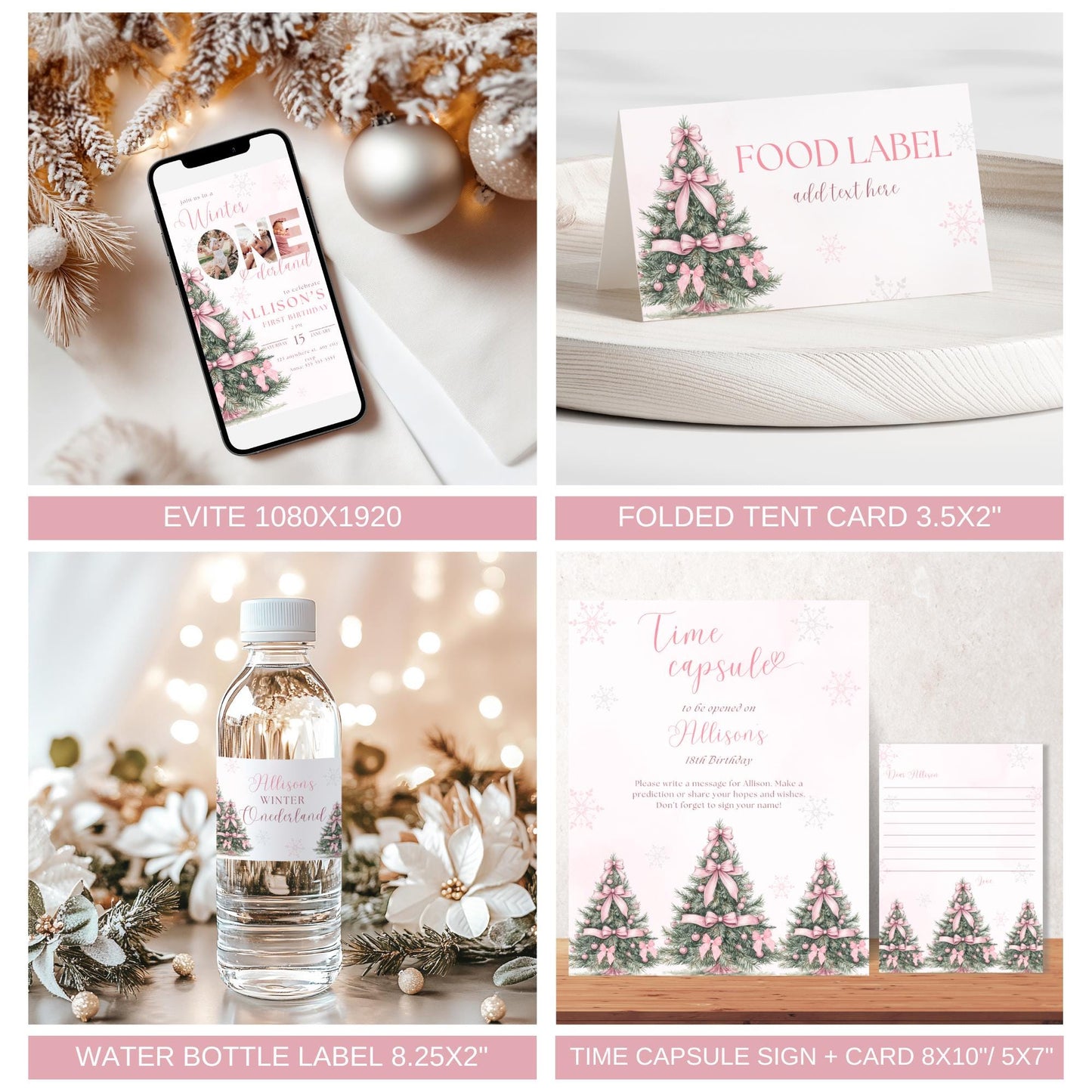 Winter ONEderland Birthday Party Bundle Pink Christmas Girl 1st Birthday First ONEderland Party with Photo Holiday Birthday Pink Bow Bundle