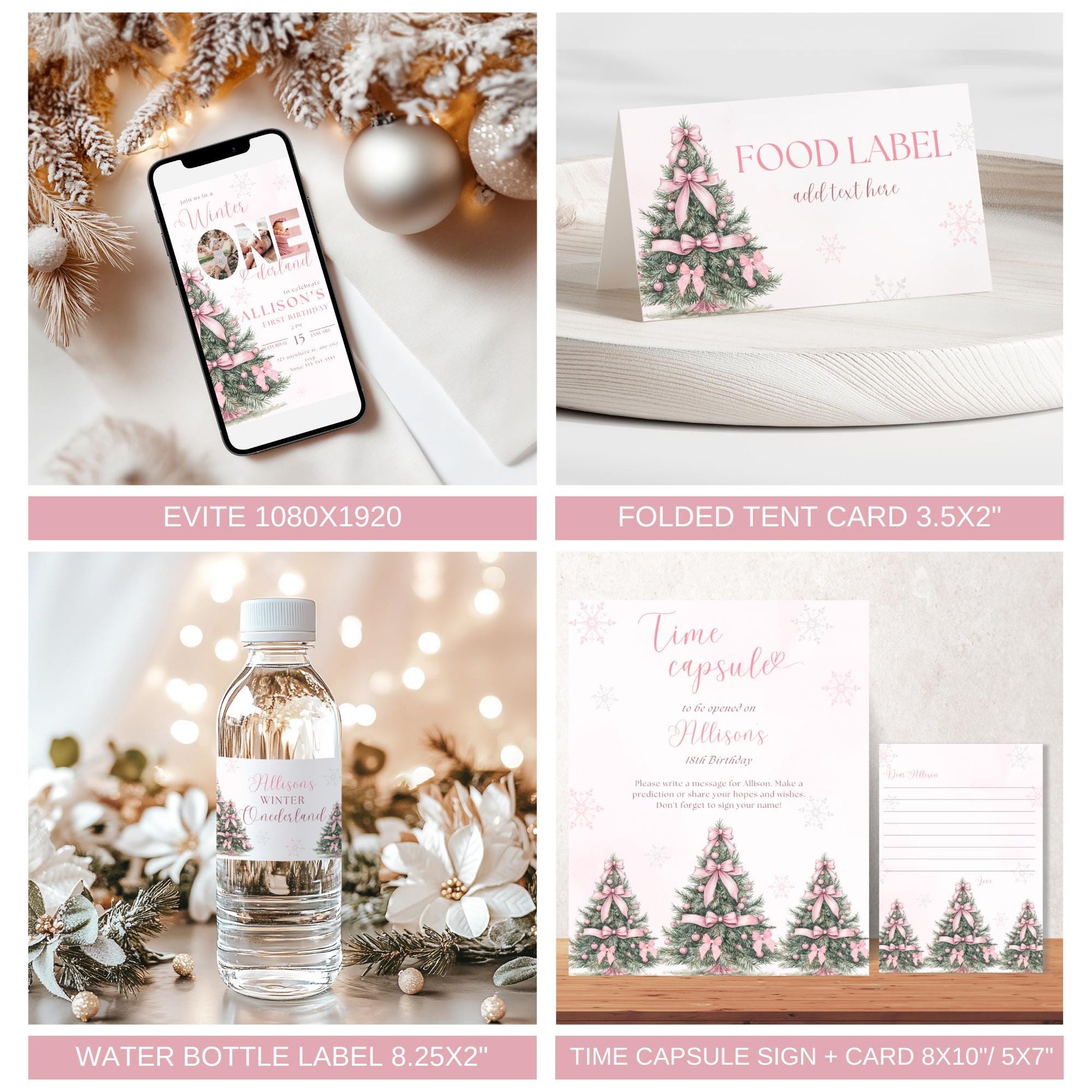 Winter ONEderland Birthday Party Bundle Pink Christmas Girl 1st Birthday First ONEderland Party with Photo Holiday Birthday Pink Bow Bundle