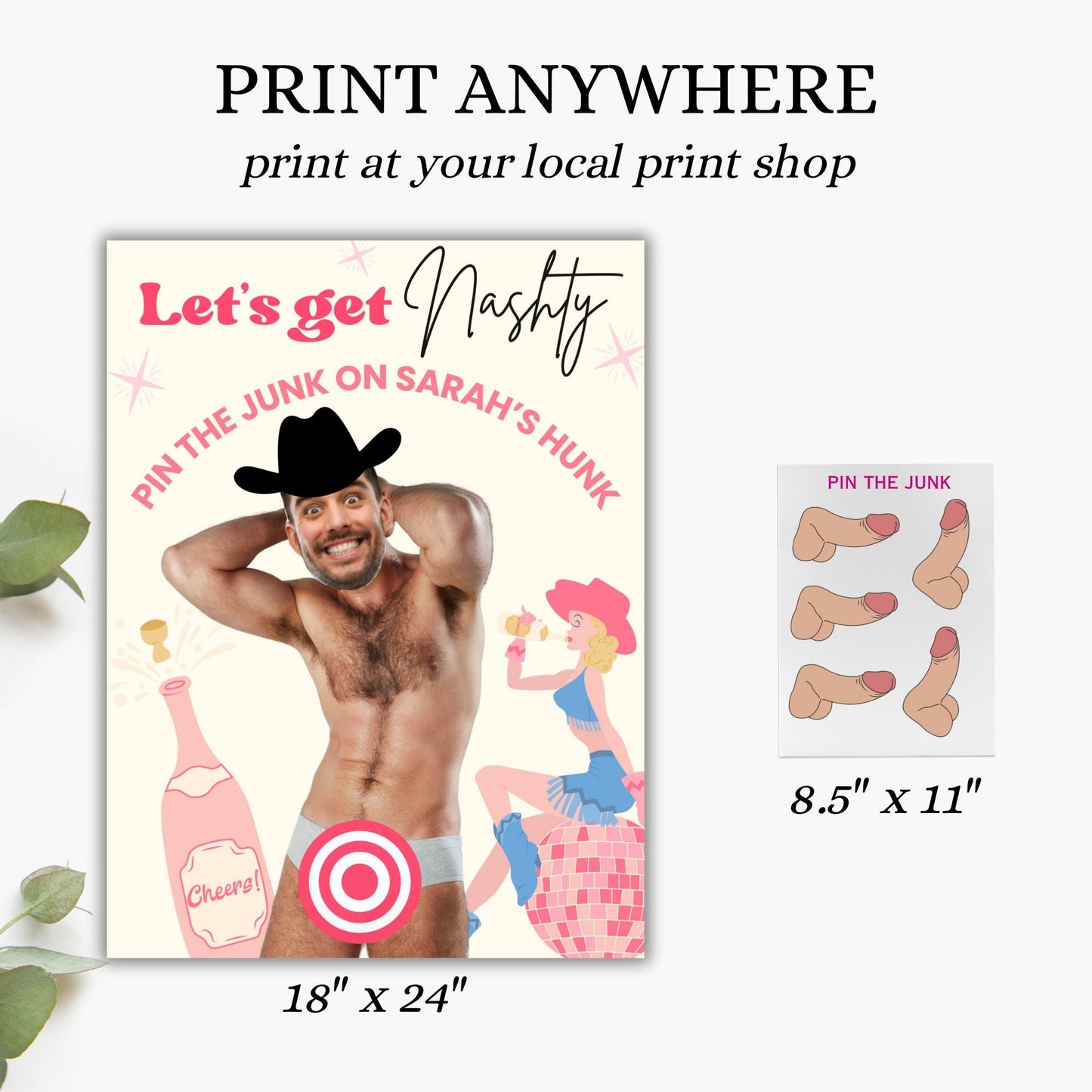 Let's Get Nashty Nashville Bachelorette Party Game Disco Cowgirl Hen Party Groom face personalized decor sign Pin the Junk on the Hunk