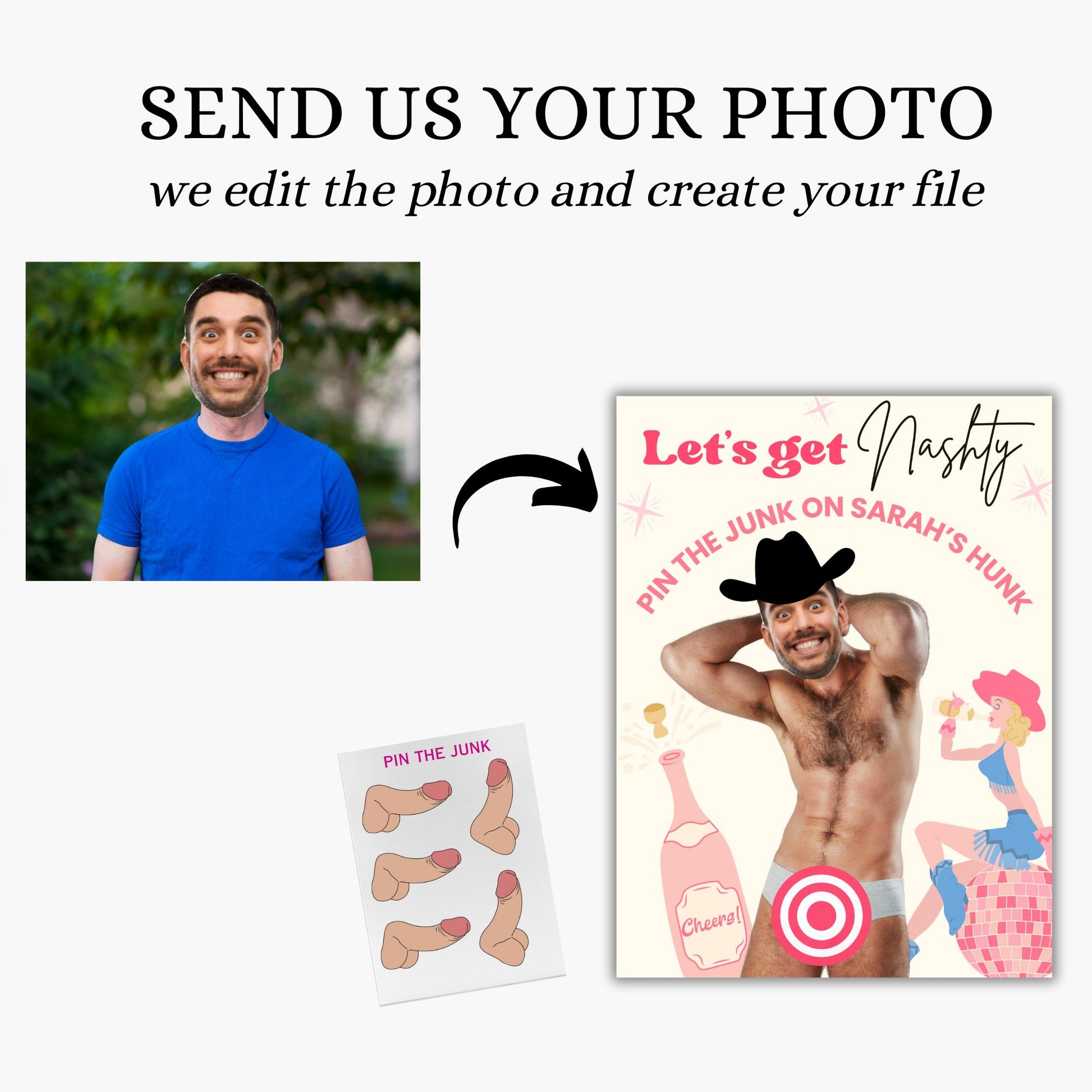 Nashville Bachelorette Party Game Let's Get Nashty Disco Cowgirl Hen Party Groom face personalized decor sign Pin the Junk on the Hunk