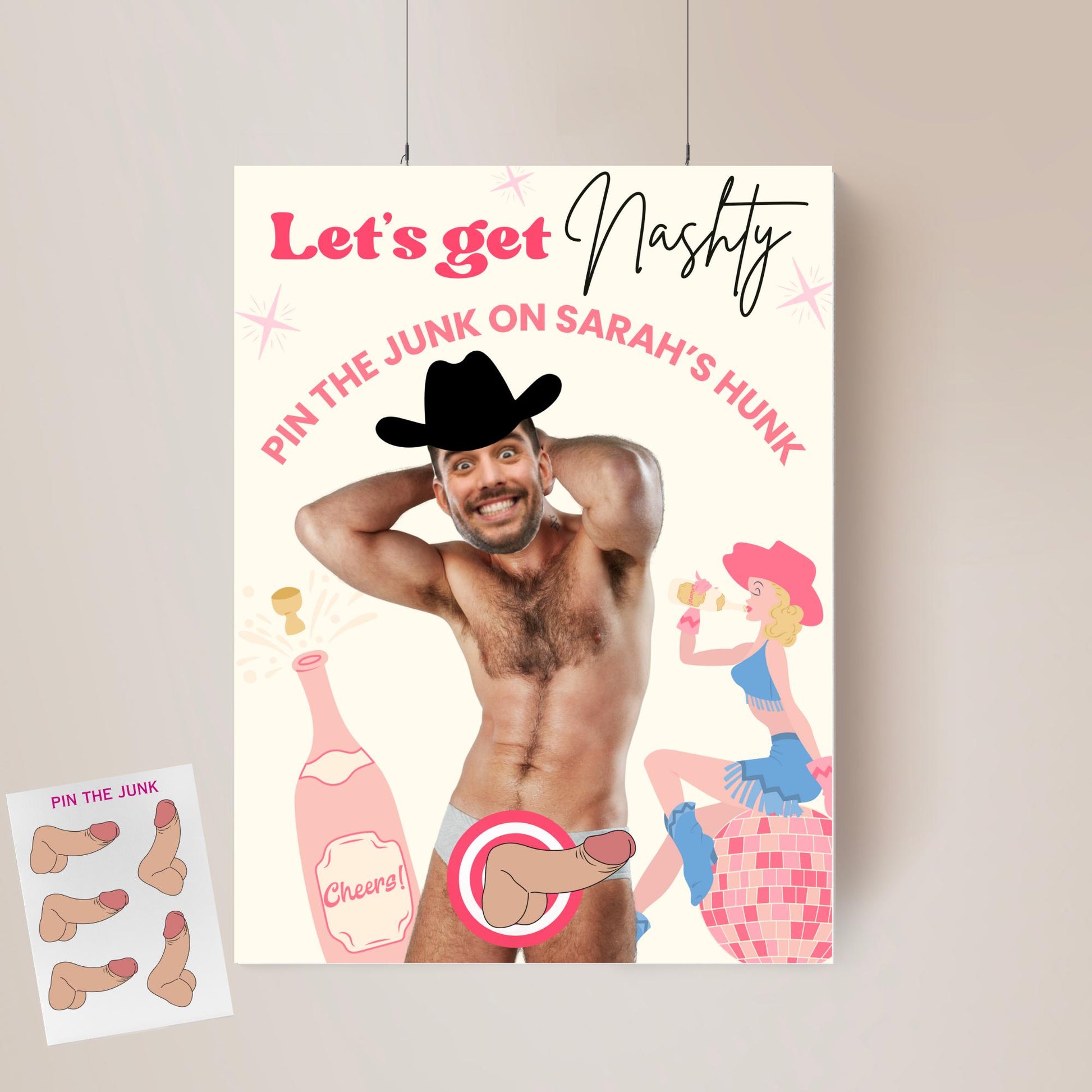 Let's Get Nashty Nashville Bachelorette Party Game Disco Cowgirl Hen Party Groom face personalized decor sign Pin the Junk on the Hunk