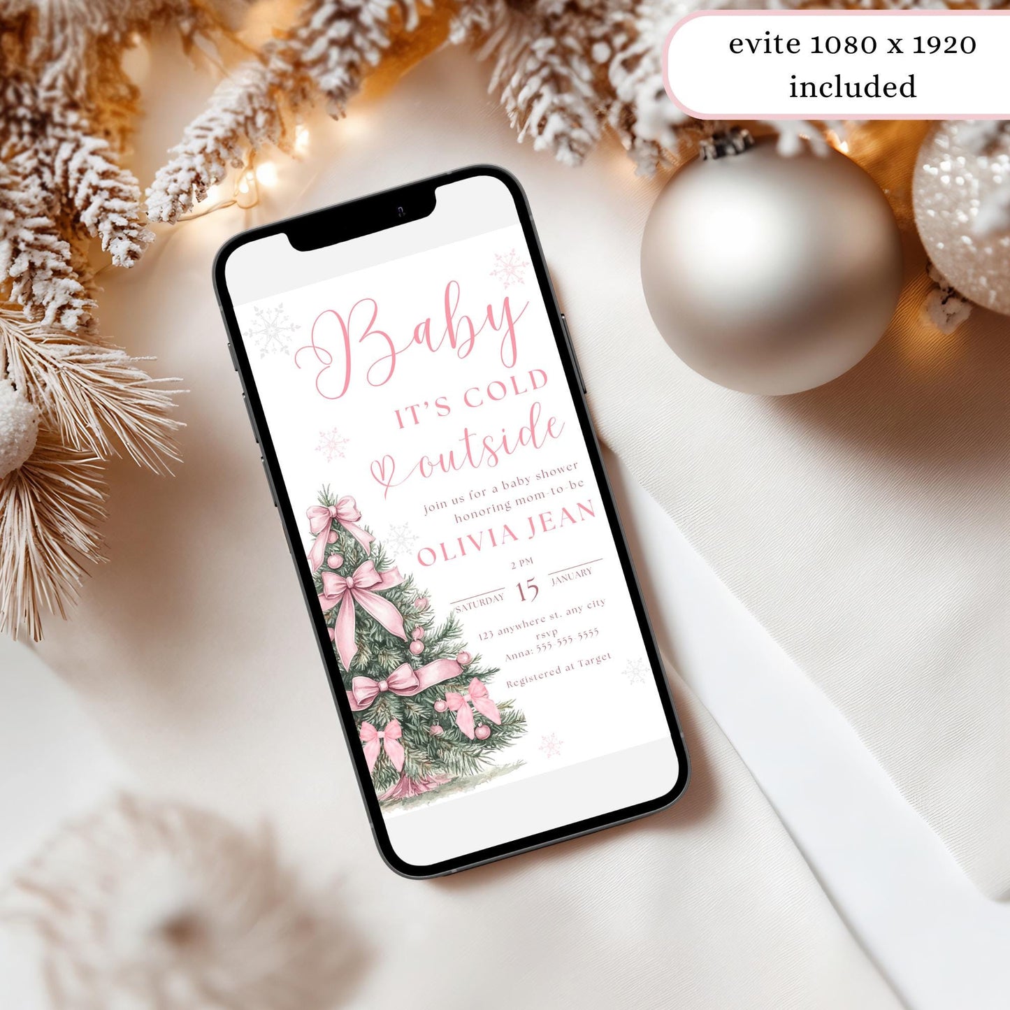 Baby its Cold Outside Baby Shower Invitation Pink Christmas Baby Shower Invite Winter Wonderland Baby Shower Evite Winter Pink Bow Baby