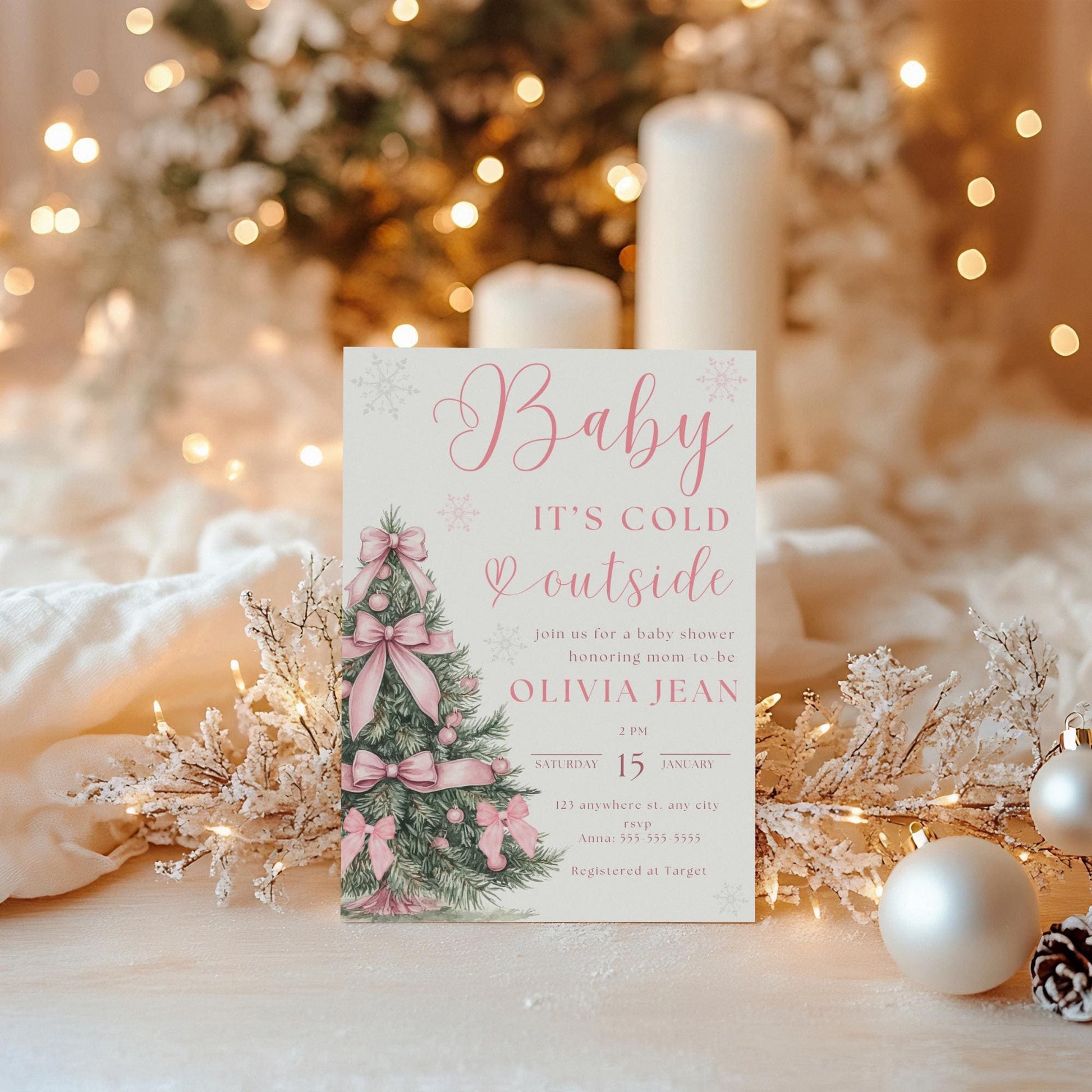Baby its Cold Outside Baby Shower Invitation Pink Christmas Baby Shower Invite Winter Wonderland Baby Shower Evite Winter Pink Bow Baby