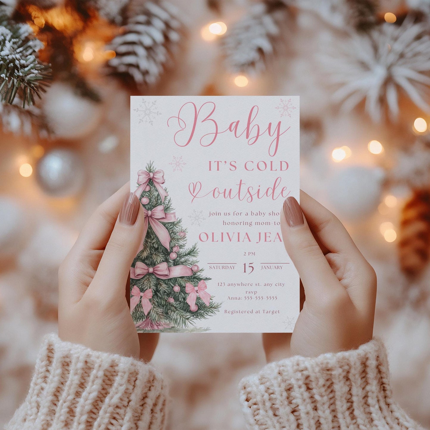 Baby its Cold Outside Baby Shower Invitation Pink Christmas Baby Shower Invite Winter Wonderland Baby Shower Evite Winter Pink Bow Baby