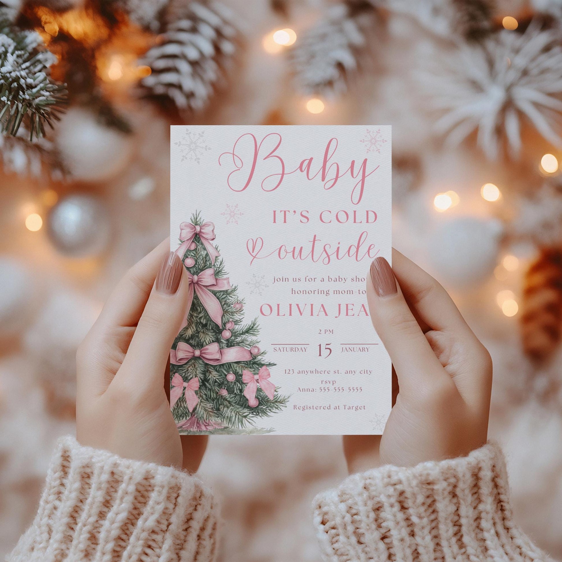 Baby its Cold Outside Baby Shower Invitation Pink Christmas Baby Shower Invite Winter Wonderland Baby Shower Evite Winter Pink Bow Baby