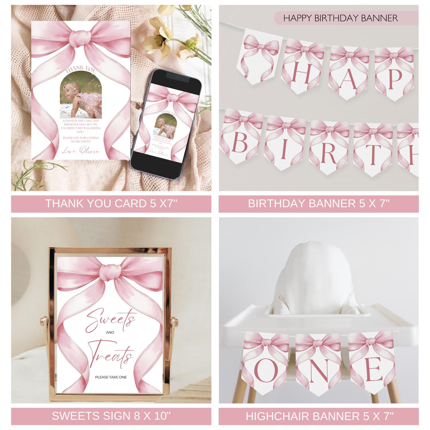 1st Birthday Pink Bow Birthday Bundle Girls Just Wanna Be One Invitation First Birthday Decor Coquette Girl Birthday Decorations Editable