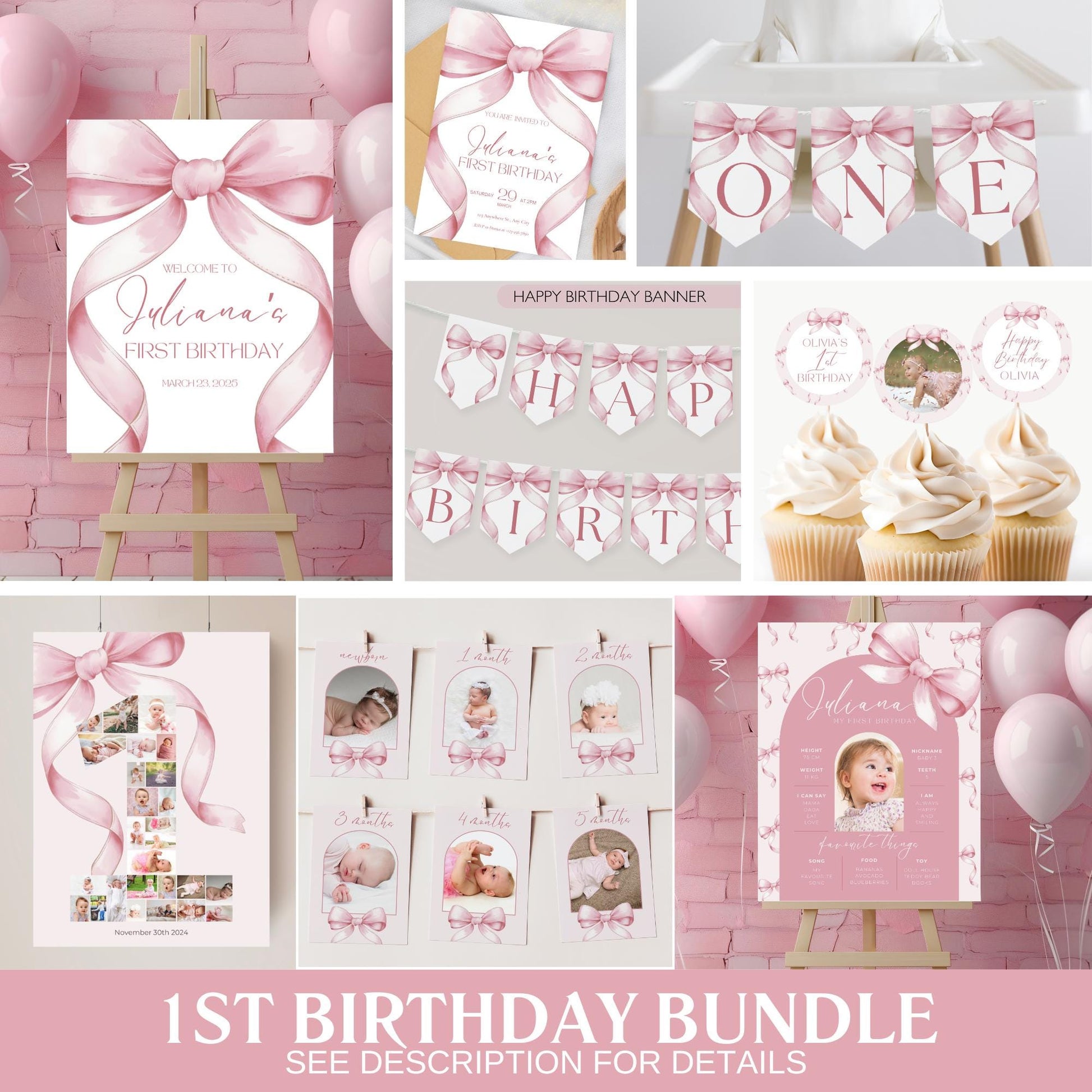 Pink Bow First Birthday Bundle Girls Just Wanna Be One Invitation 1st Birthday Decor Coquette Aesthetic  Girl Birthday Decorations Editable