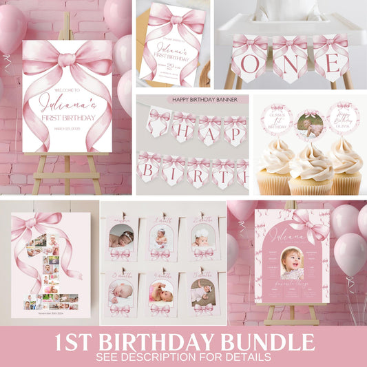 Pink Bow First Birthday Bundle Girls Just Wanna Be One Invitation 1st Birthday Decor Coquette Aesthetic  Girl Birthday Decorations Editable