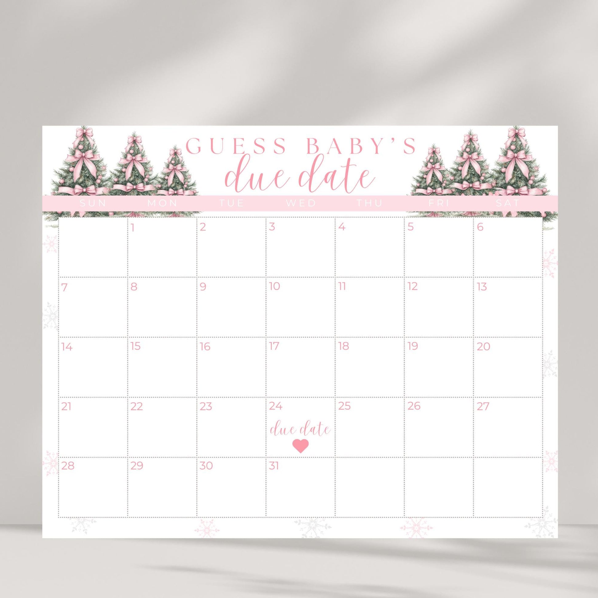 Pink Winter Wonderland Baby Shower Guess the Due Date Sign Editable Baby Shower Game Pink Bow Baby its Cold Outside Baby Shower Games Snow