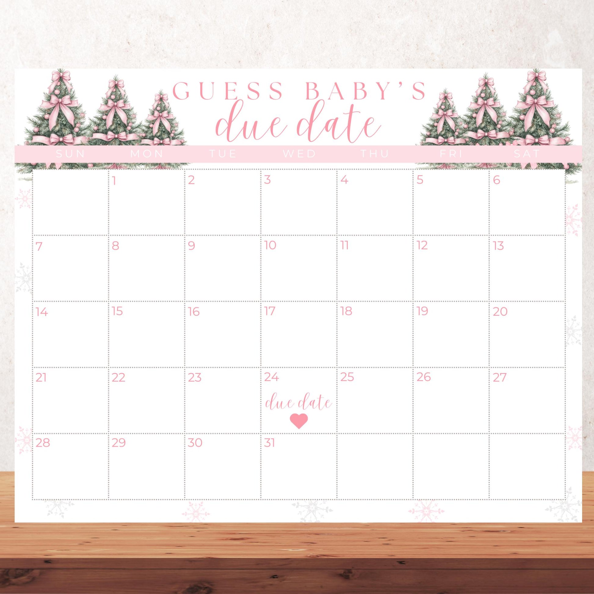 Pink Winter Wonderland Baby Shower Guess the Due Date Sign Editable Baby Shower Game Pink Bow Baby its Cold Outside Baby Shower Games Snow