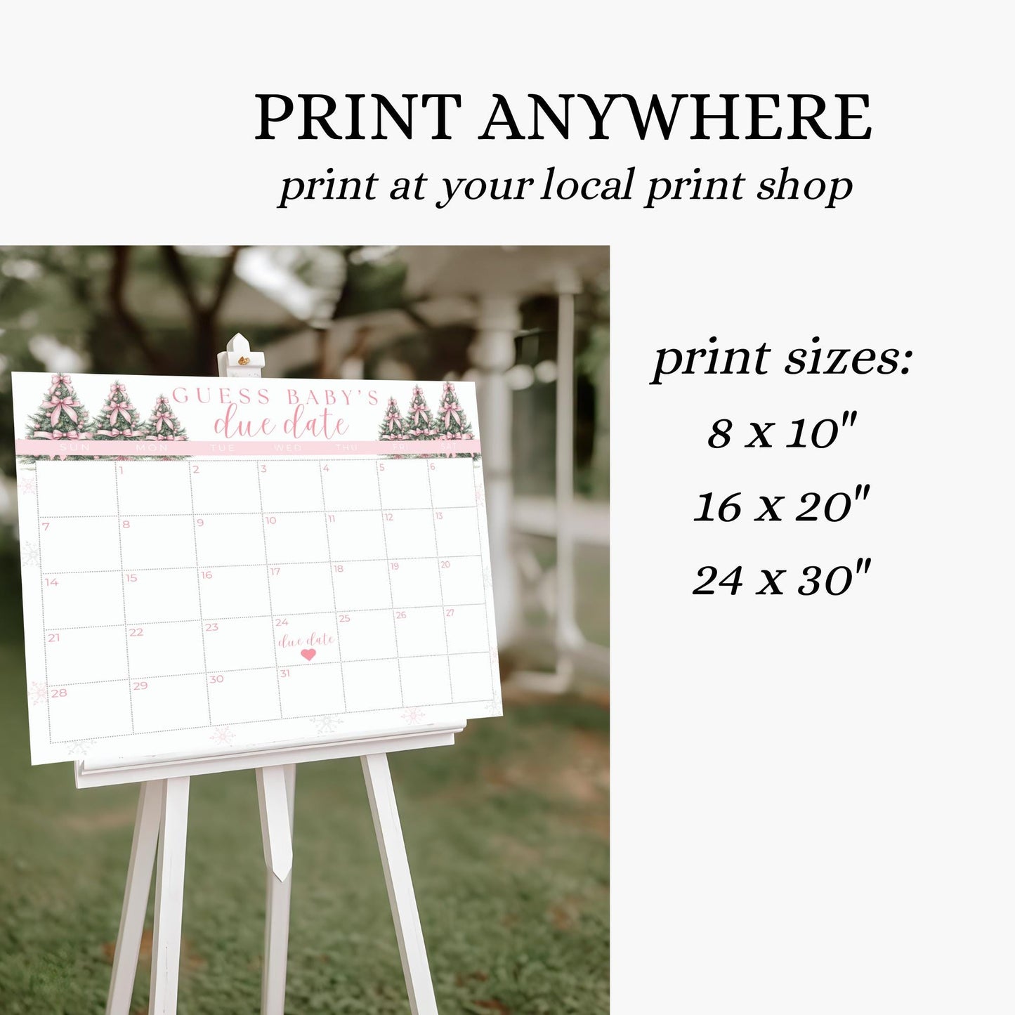 Pink Winter Wonderland Baby Shower Guess the Due Date Sign Editable Baby Shower Game Pink Bow Baby its Cold Outside Baby Shower Games Snow