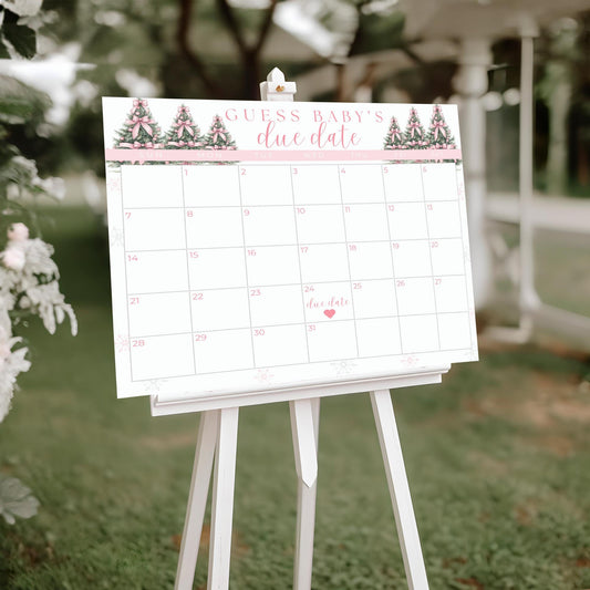 Pink Winter Wonderland Baby Shower Guess the Due Date Sign Editable Baby Shower Game Pink Bow Baby its Cold Outside Baby Shower Games Snow