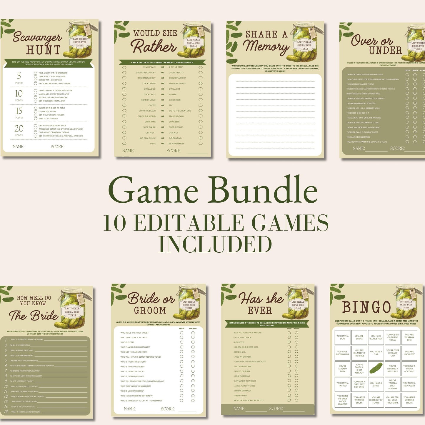 Last Pickle She'll ever Tickle Bachelorette Party Games Bundle Pickle Theme Party Editable Printable Game Bachelorette Drinking Game