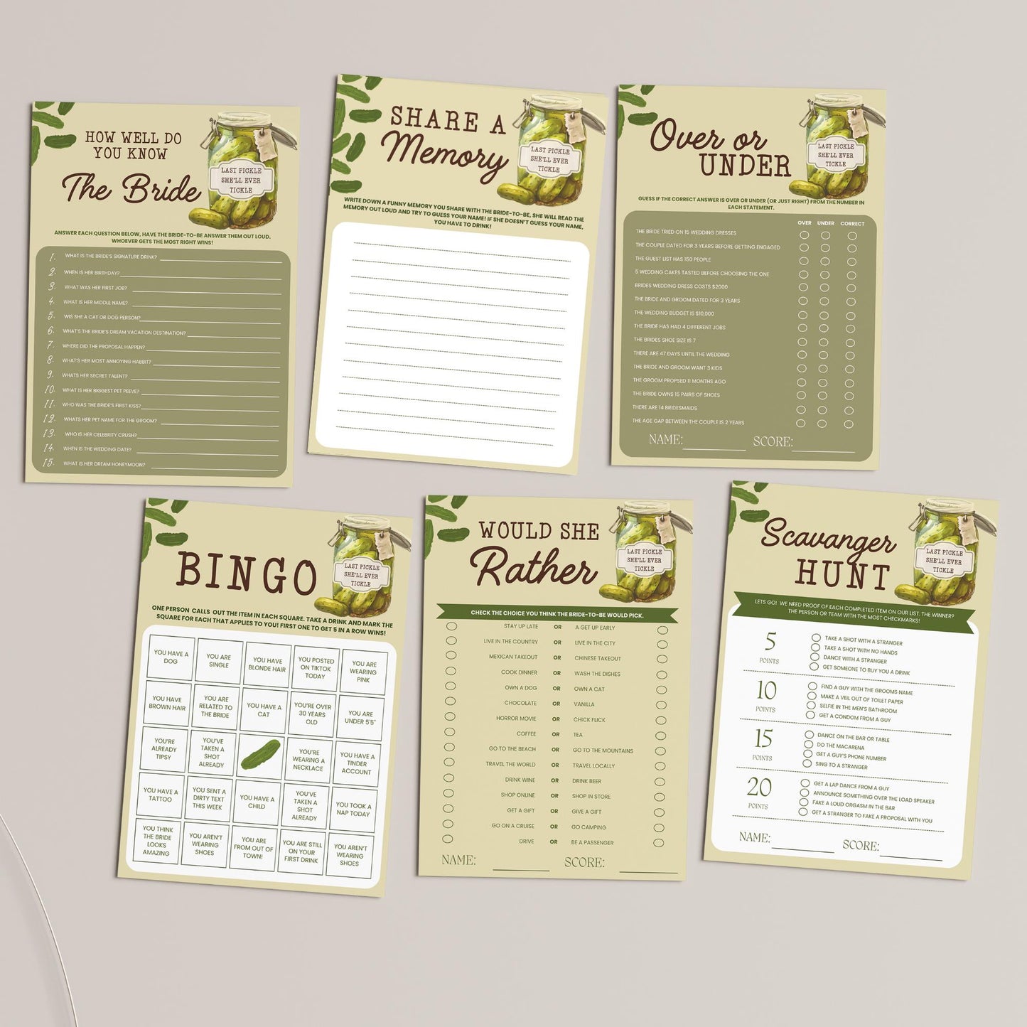 Last Pickle She'll ever Tickle Bachelorette Party Games Bundle Pickle Theme Party Editable Printable Game Bachelorette Drinking Game