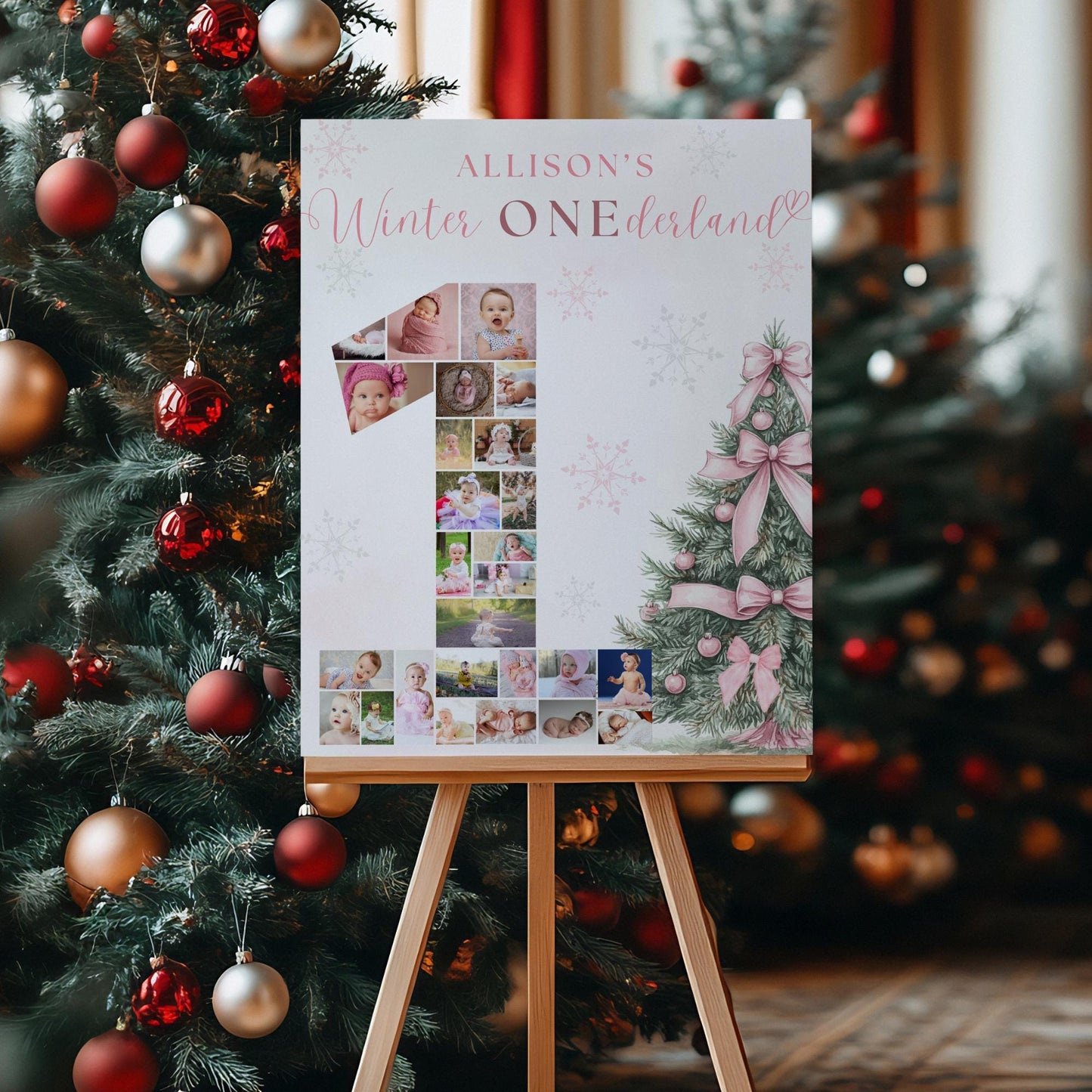 Winter ONEderland First Birthday Sign Photo Collage Editable Pink Christmas Girl 1st Birthday Monthly Photo Banner coquette Milestone sign