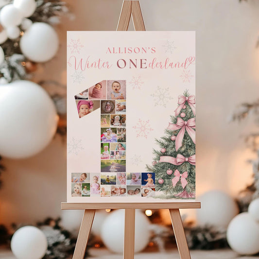 Winter ONEderland First Birthday Sign Photo Collage Editable Pink Christmas Girl 1st Birthday Monthly Photo Banner coquette Milestone sign