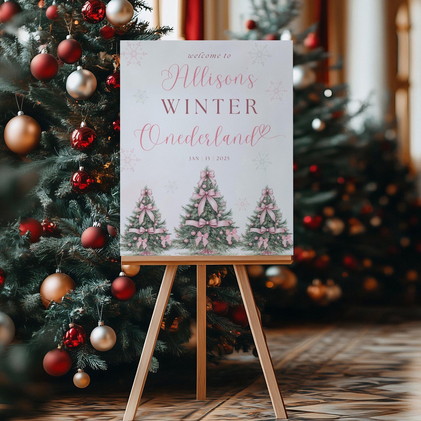 Pink Winter ONEderland Welcome Sign 1st Birthday Girls Winter Onderland Decor Pink Bow Coquette Snowflake Sign Holiday first Birthday