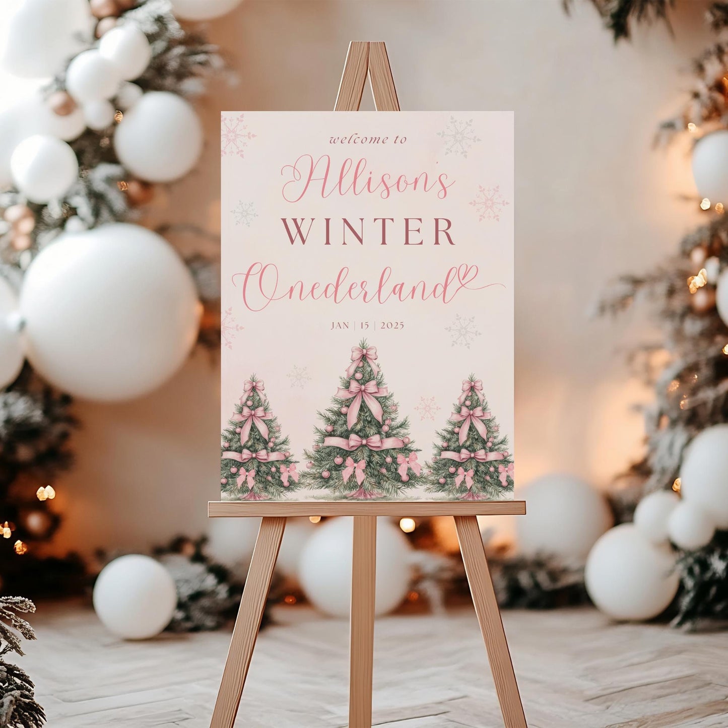 Pink Winter ONEderland Welcome Sign 1st Birthday Girls Winter Onderland Decor Pink Bow Coquette Snowflake Sign Holiday first Birthday