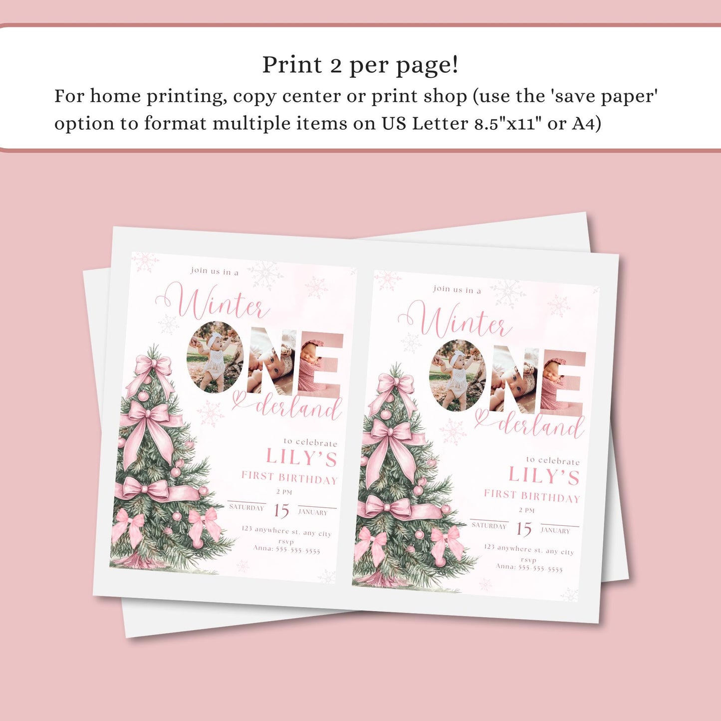 Winter Birthday Invite Template Winter Wonderland Birthday Invitation Snowflake Winter Onederland Pink Bow Winter Invite