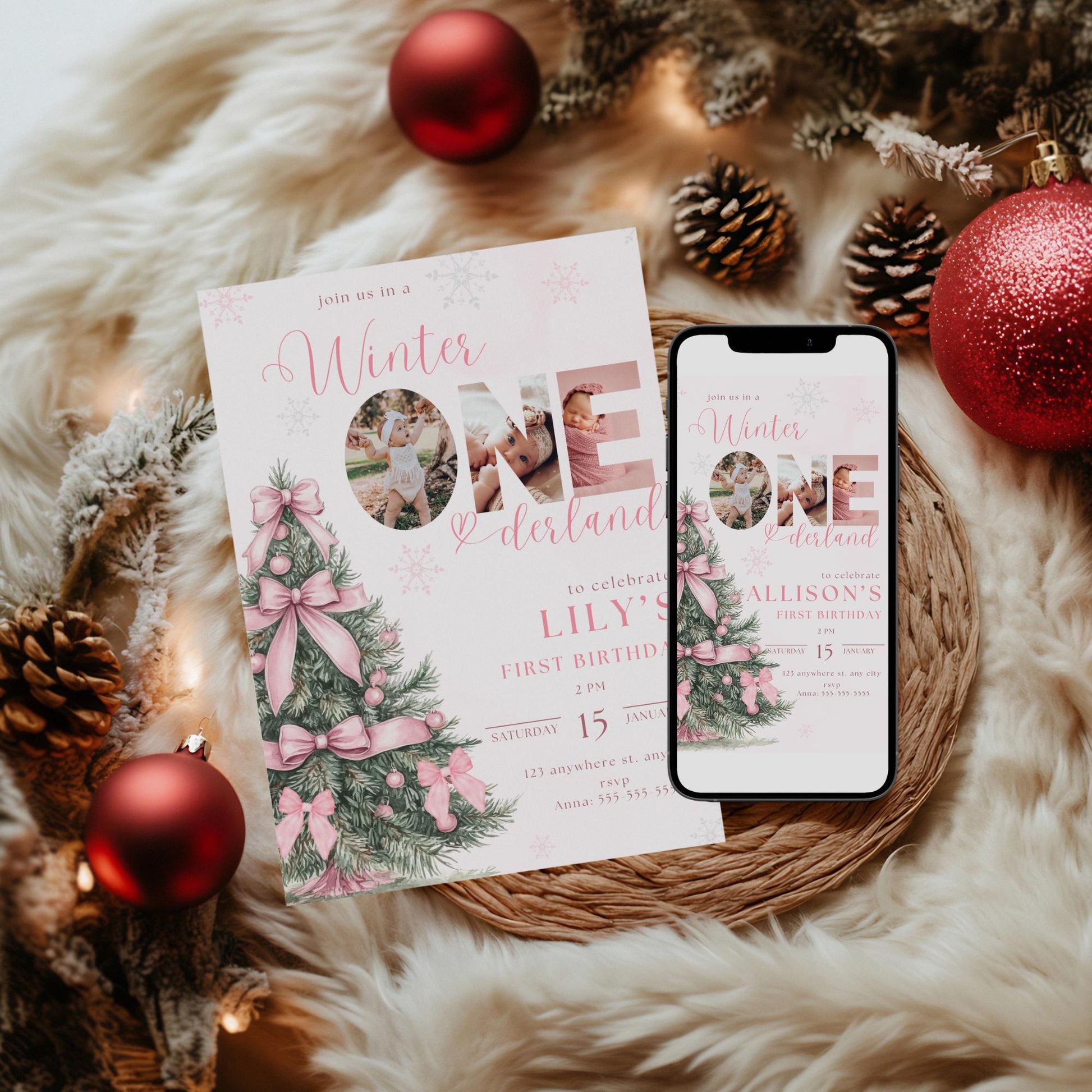 Winter Birthday Invite Template Winter Wonderland Birthday Invitation Snowflake Winter Onederland Pink Bow Winter Invite