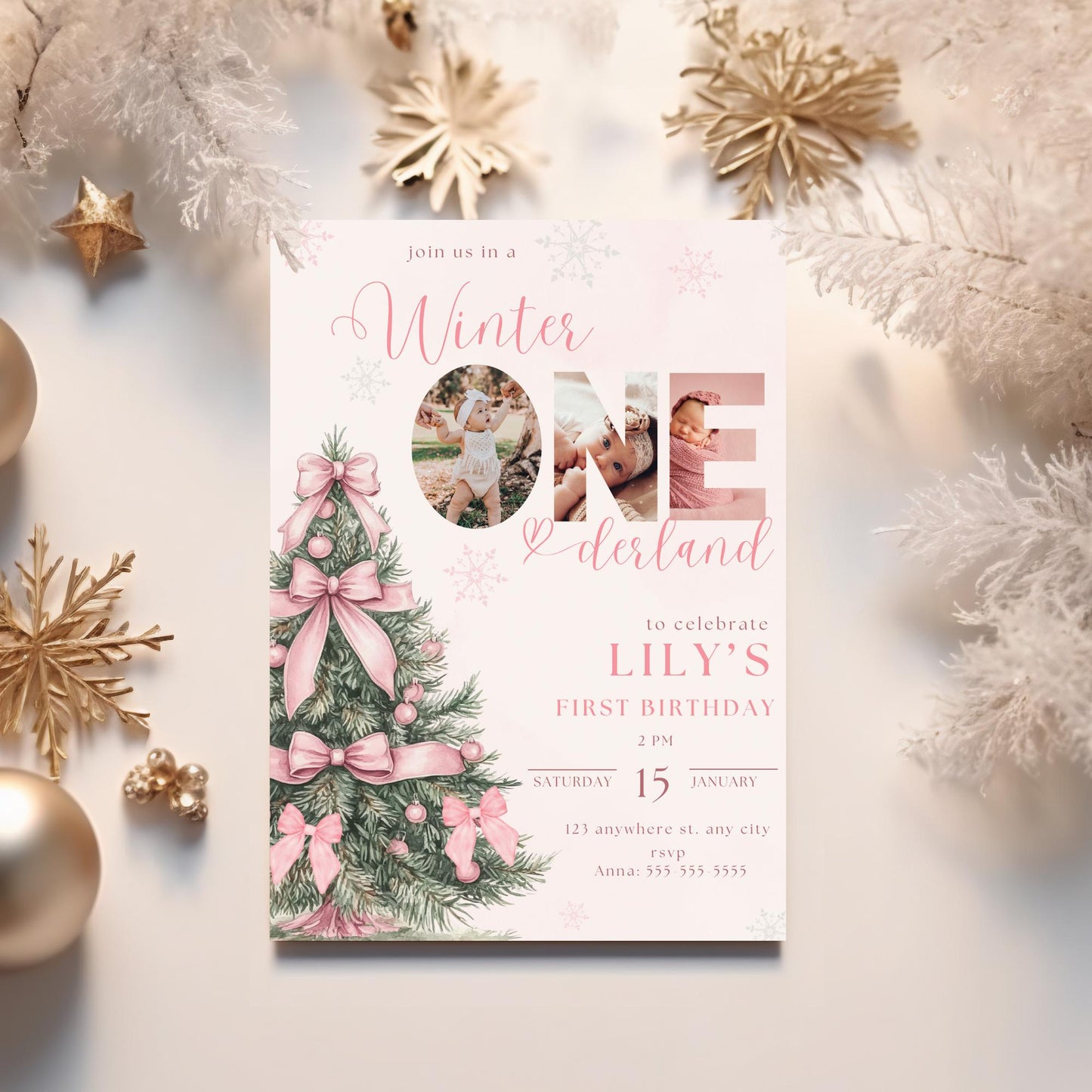Winter Birthday Invite Template Winter Wonderland Birthday Invitation Snowflake Winter Onederland Pink Bow Winter Invite