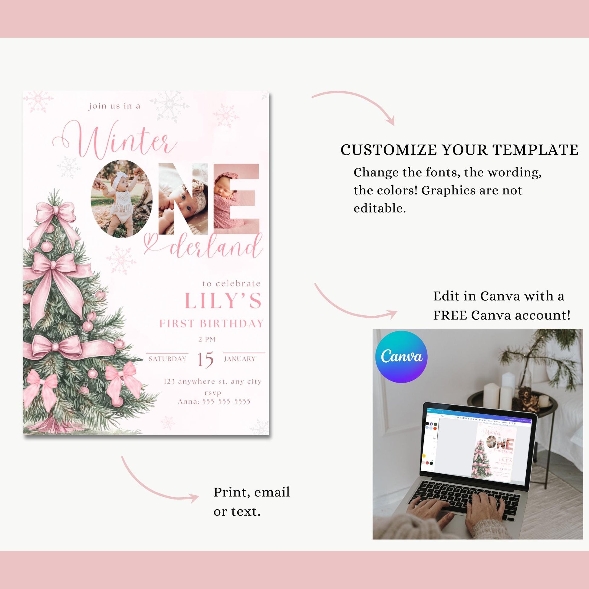 Winter Birthday Invite Template Winter Wonderland Birthday Invitation Snowflake Winter Onederland Pink Bow Winter Invite