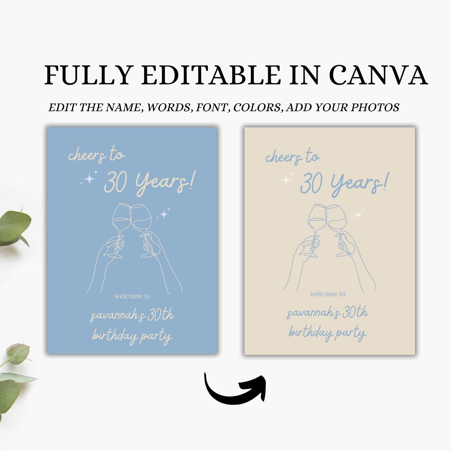 Cheers to 30 Years Welcome Sign Aesthetic Birthday Welcome Sign Modern Birthday Welcome Sign Template Blue Birthday Decor Wine Birthday