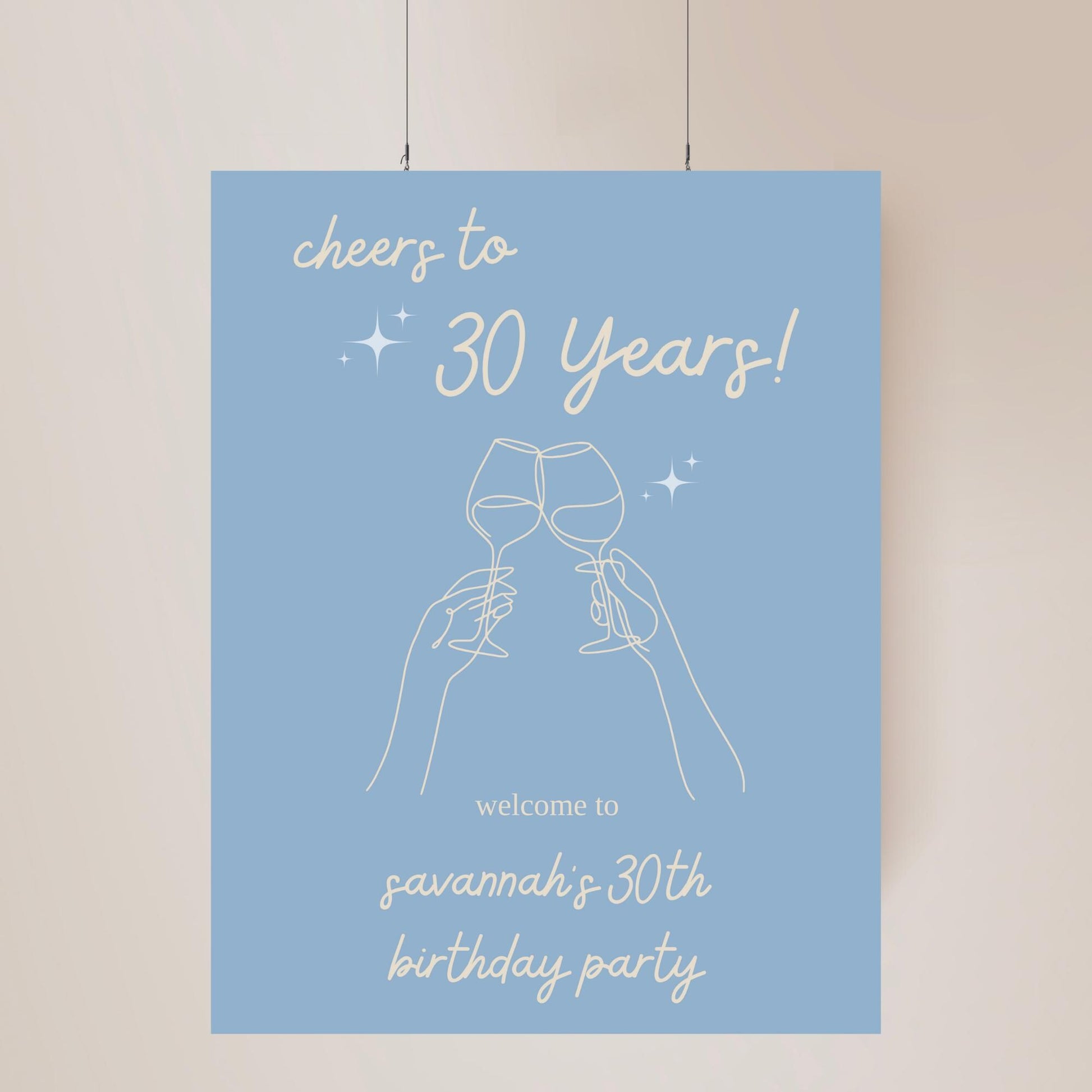 Cheers to 30 Years Welcome Sign Aesthetic Birthday Welcome Sign Modern Birthday Welcome Sign Template Blue Birthday Decor Wine Birthday