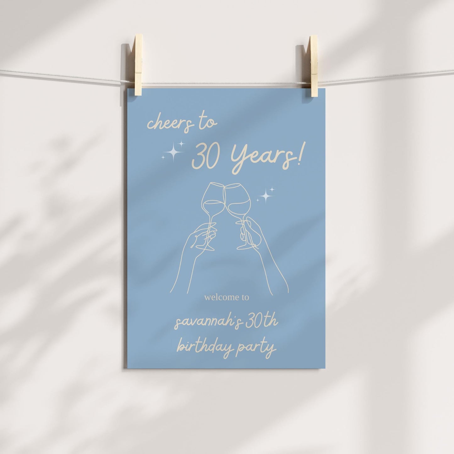 Cheers to 30 Years Welcome Sign Aesthetic Birthday Welcome Sign Modern Birthday Welcome Sign Template Blue Birthday Decor Wine Birthday
