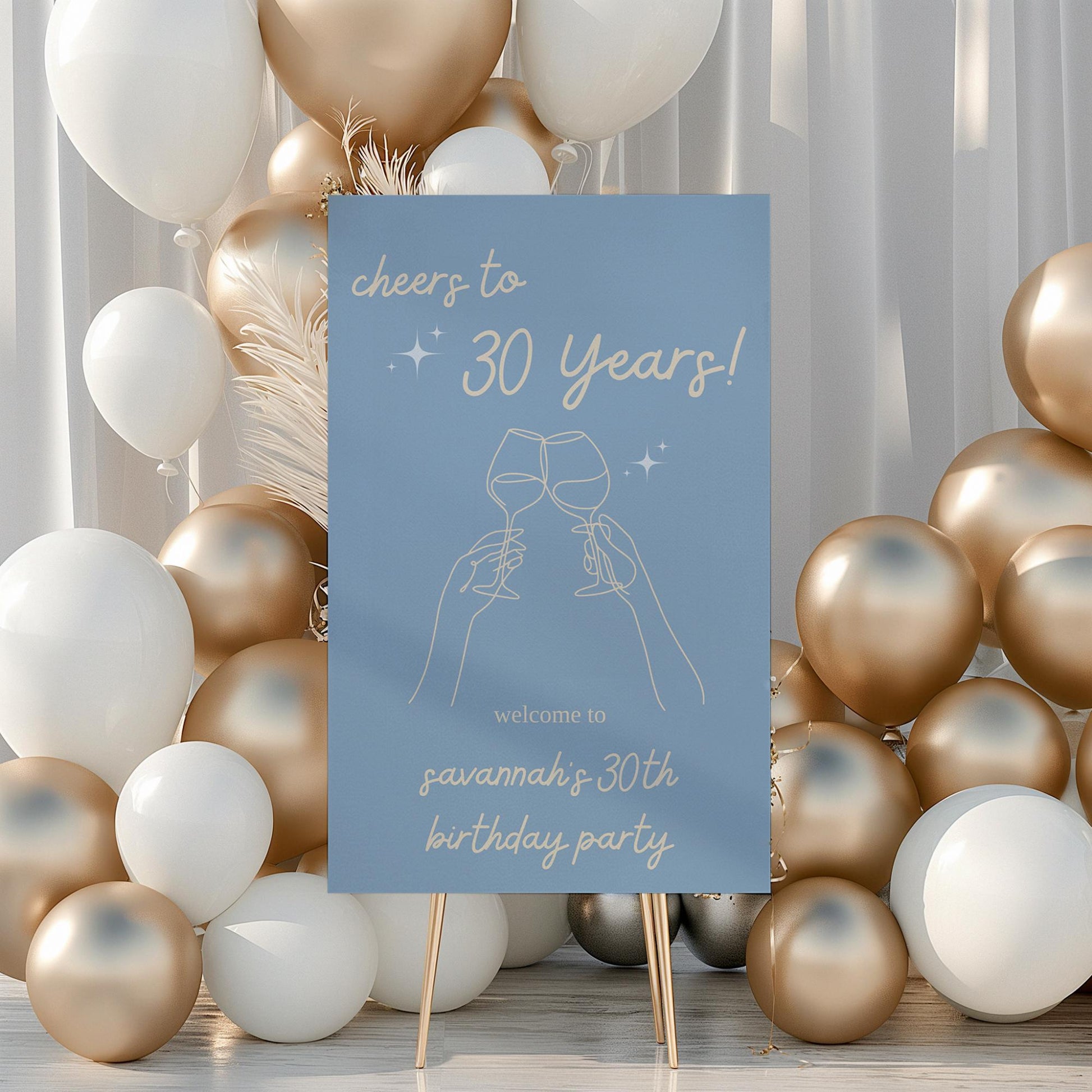 Cheers to 30 Years Welcome Sign Aesthetic Birthday Welcome Sign Modern Birthday Welcome Sign Template Blue Birthday Decor Wine Birthday