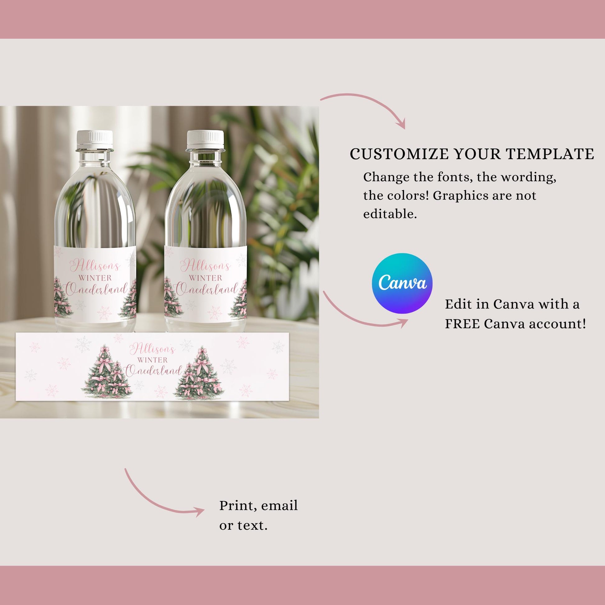 Winter ONEderland First Birthday Bottle Label Snow much fun to be One Water Labels Pink Bow Girls 1st Birthday Drink Label Template