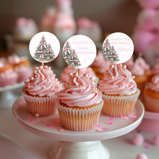 Winter ONEderland Birthday Cupcake Topper Pink Bow Winter Wonderland First Birthday Cake Decor Girl 1st Party Snowflake Oh what fun One