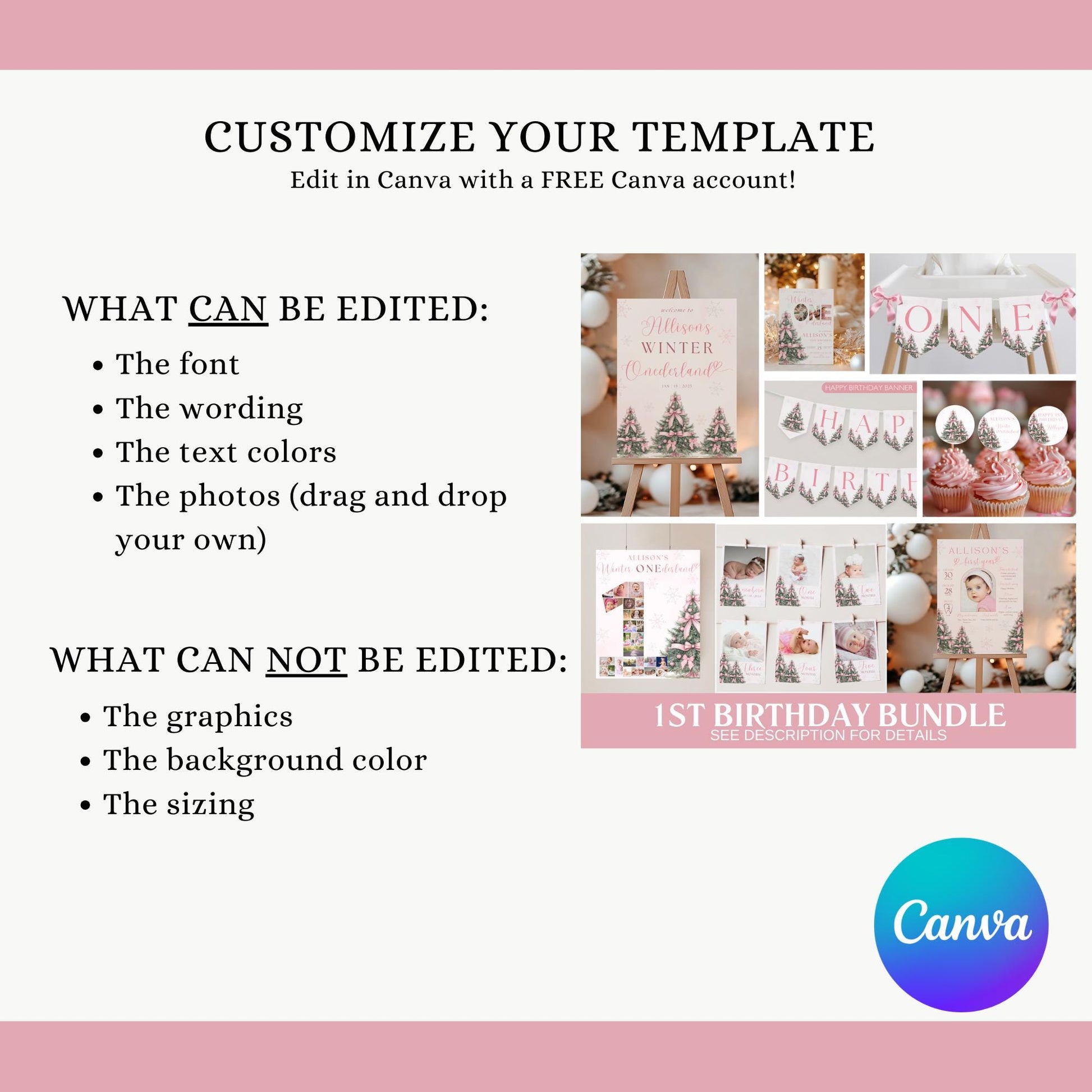 Winter ONEderland Birthday Party Bundle Pink Christmas Girl 1st Birthday First ONEderland Party with Photo Holiday Birthday Pink Bow Bundle