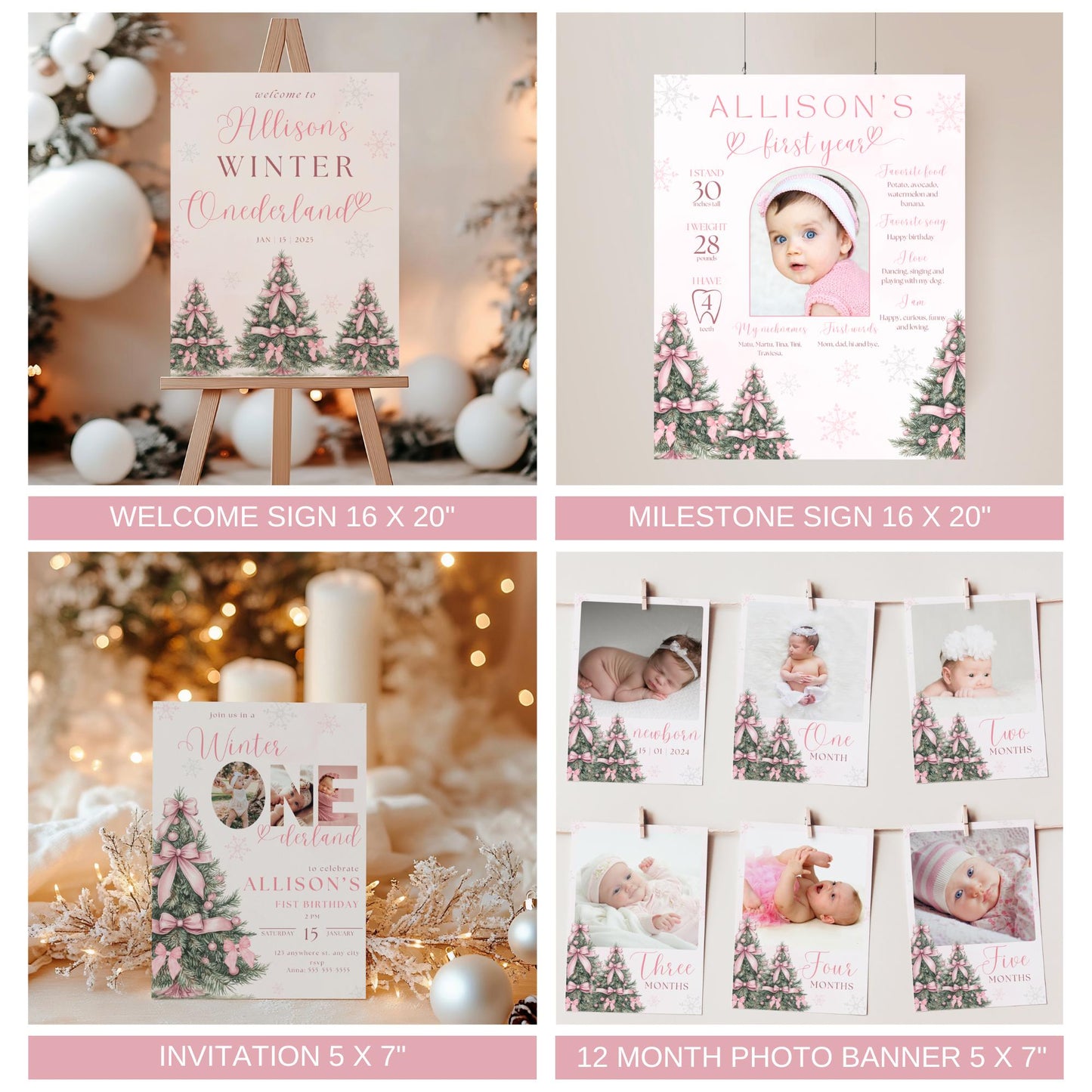 Winter ONEderland Birthday Party Bundle Pink Christmas Girl 1st Birthday First ONEderland Party with Photo Holiday Birthday Pink Bow Bundle