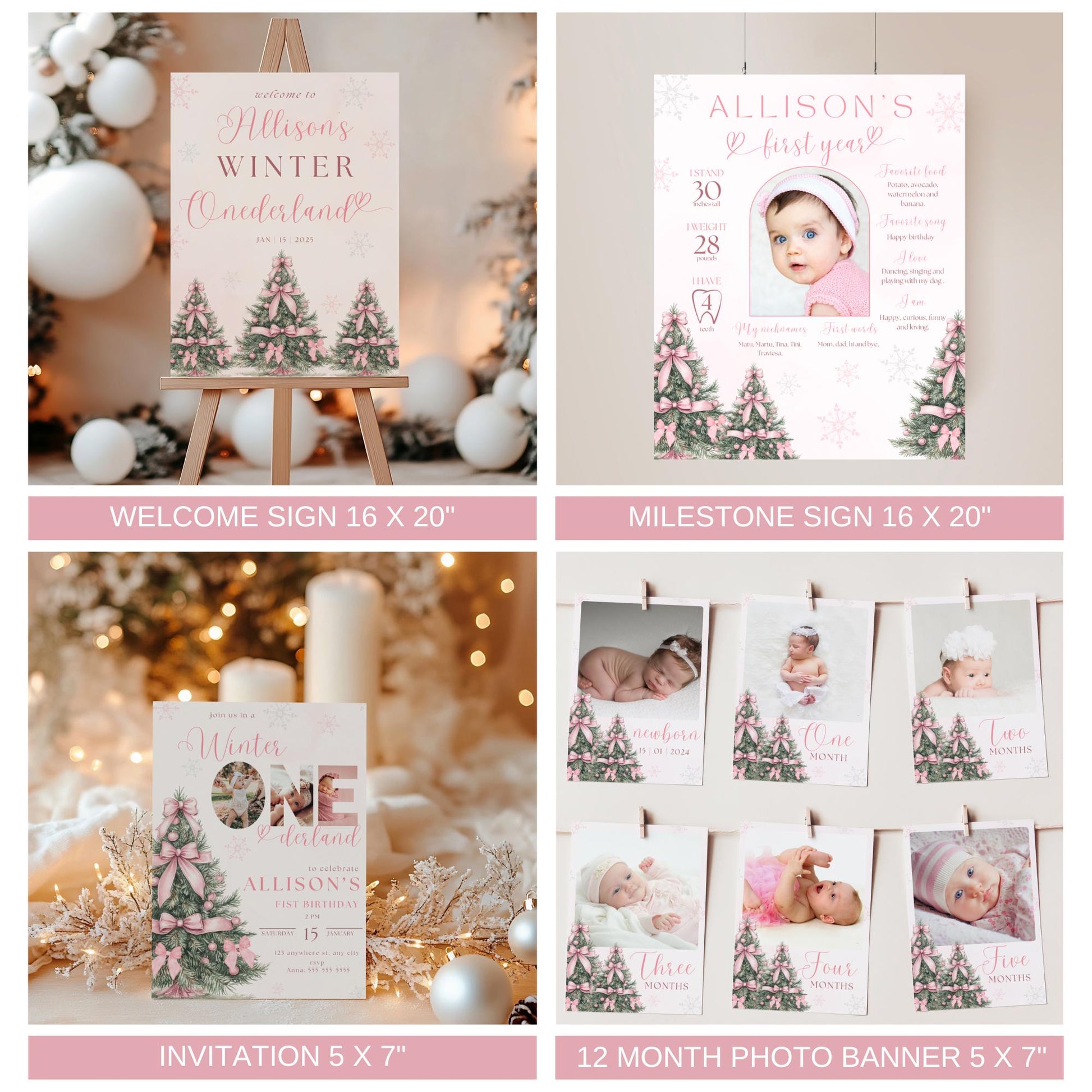 Winter ONEderland Birthday Party Bundle Pink Christmas Girl 1st Birthday First ONEderland Party with Photo Holiday Birthday Pink Bow Bundle